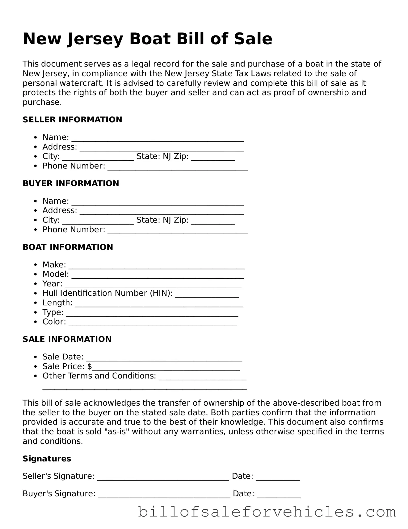 Valid New Jersey Boat Bill of Sale Template