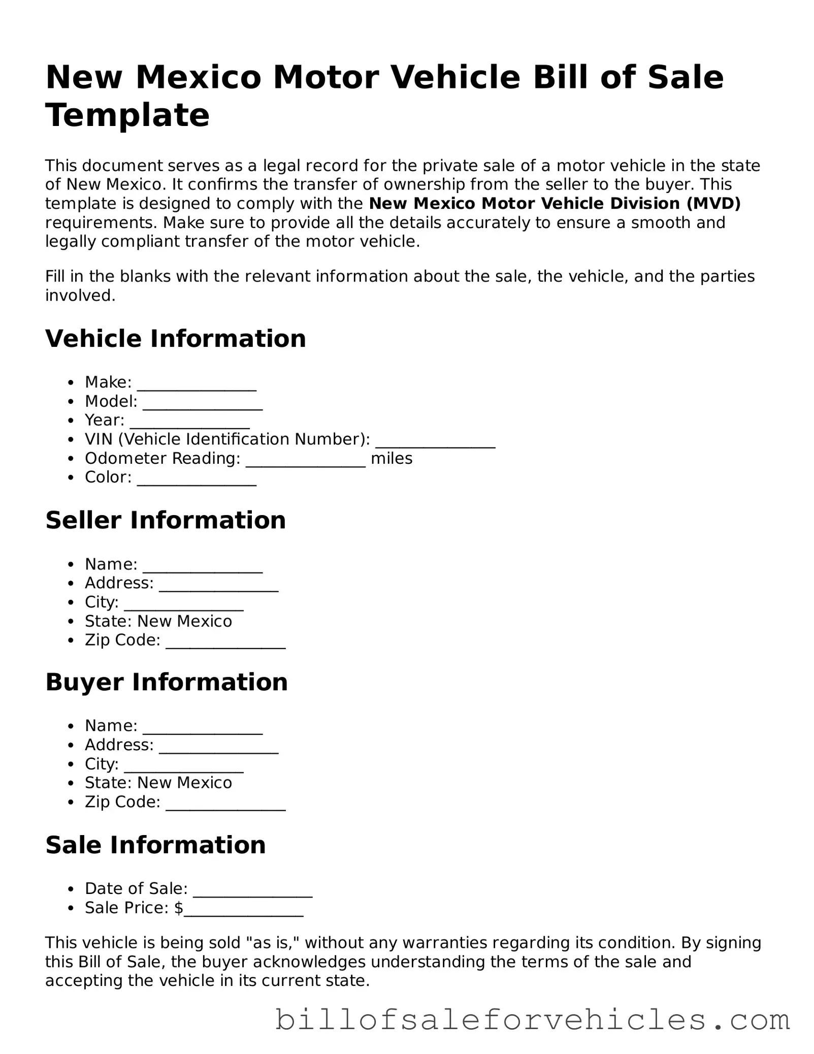 Valid New Mexico Motor Vehicle Bill of Sale Template