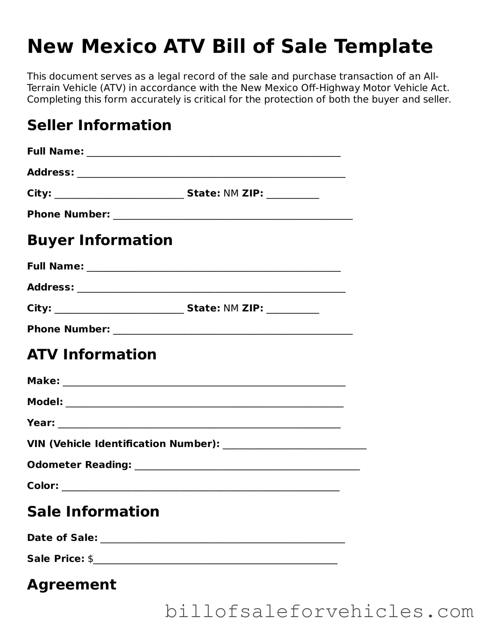 Valid New Mexico ATV Bill of Sale Template
