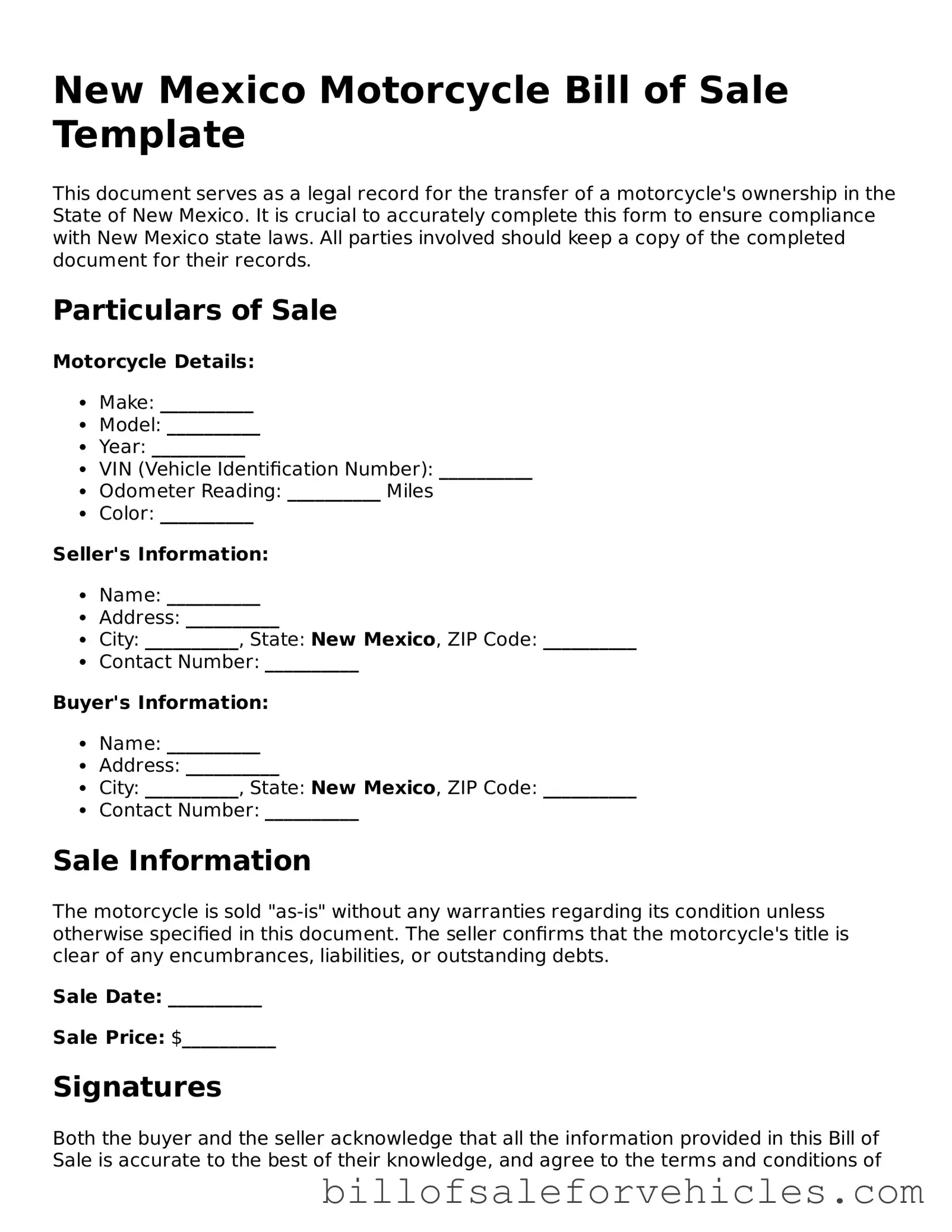 Valid New Mexico Motorcycle Bill of Sale Template