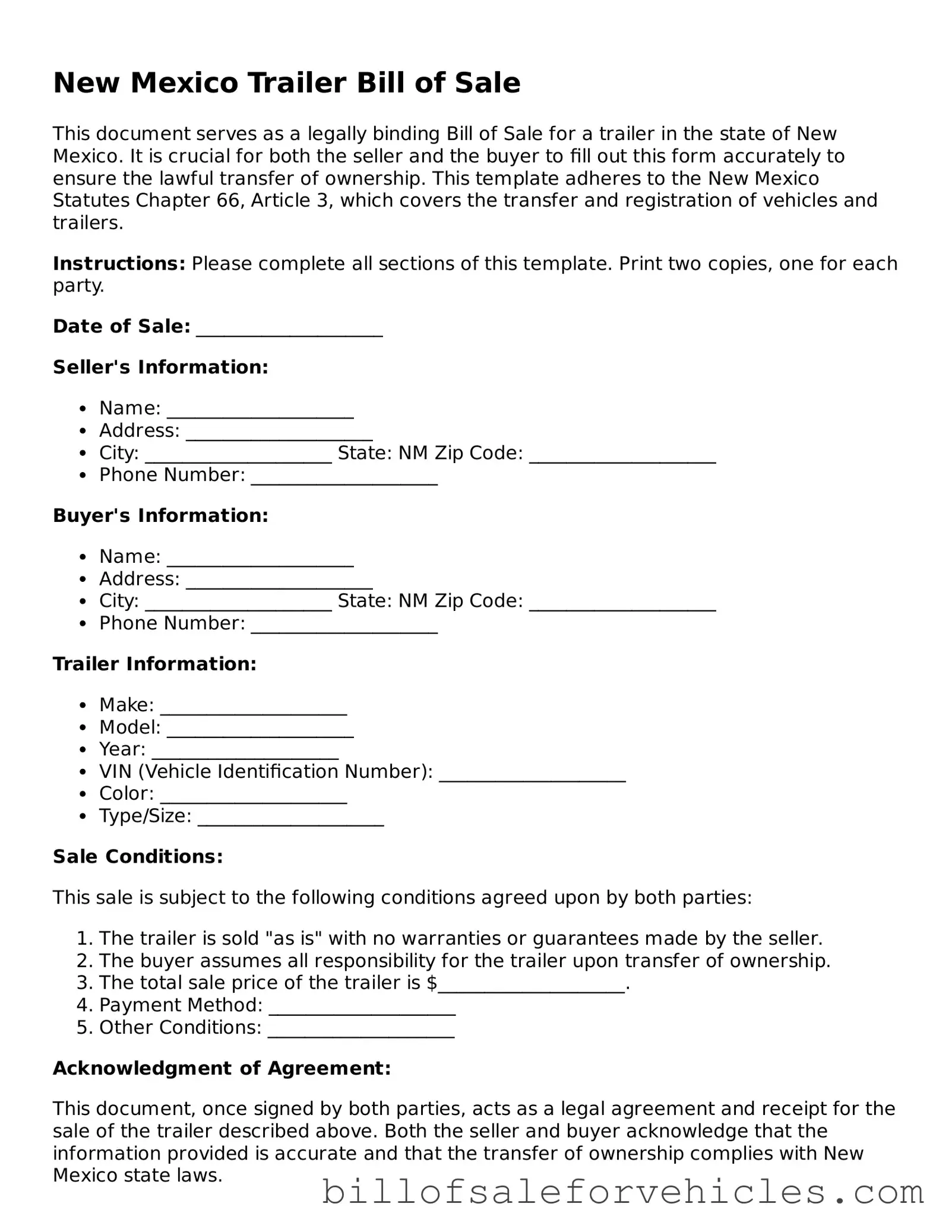 Valid New Mexico Trailer Bill of Sale Template