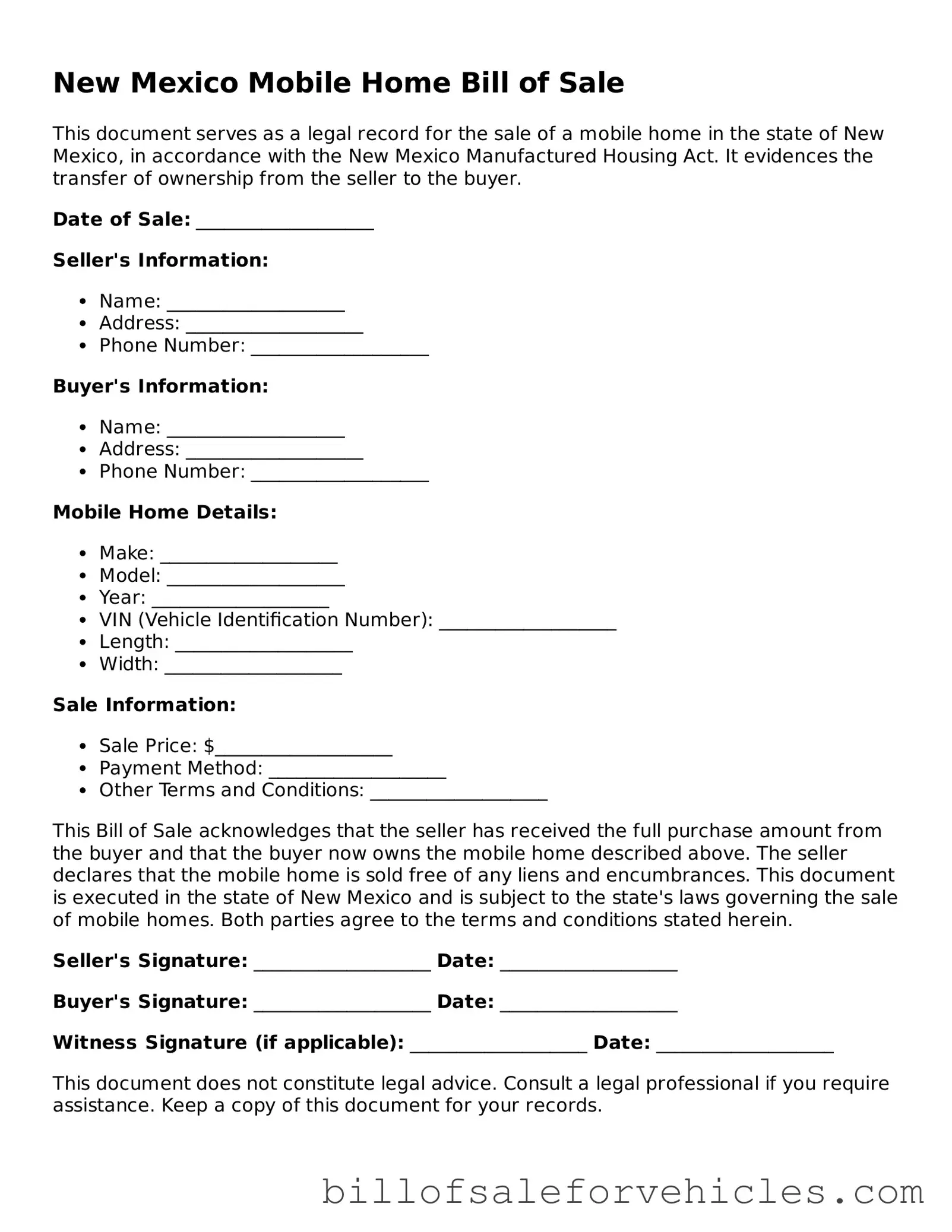 Valid New Mexico Mobile Home Bill of Sale Template