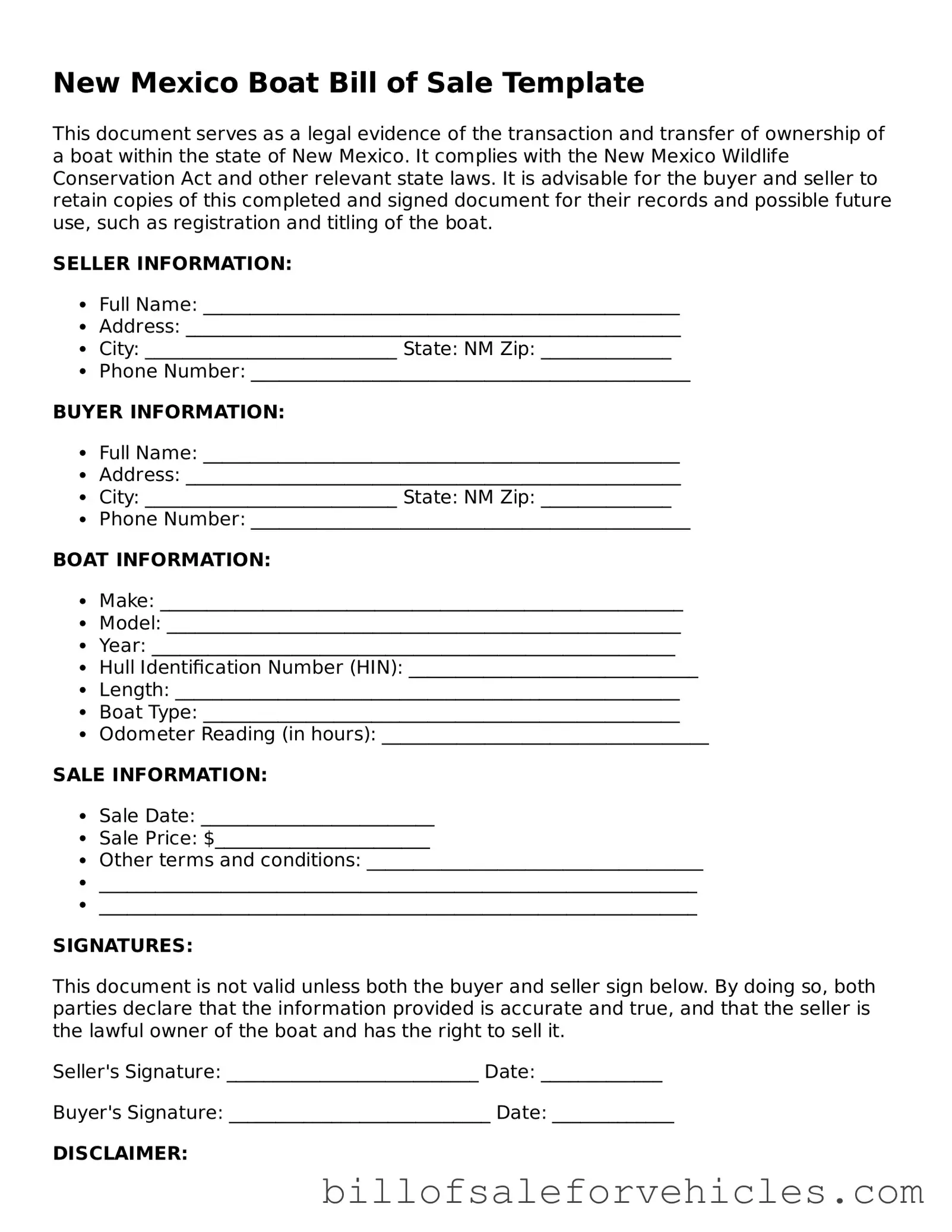 Valid New Mexico Boat Bill of Sale Template