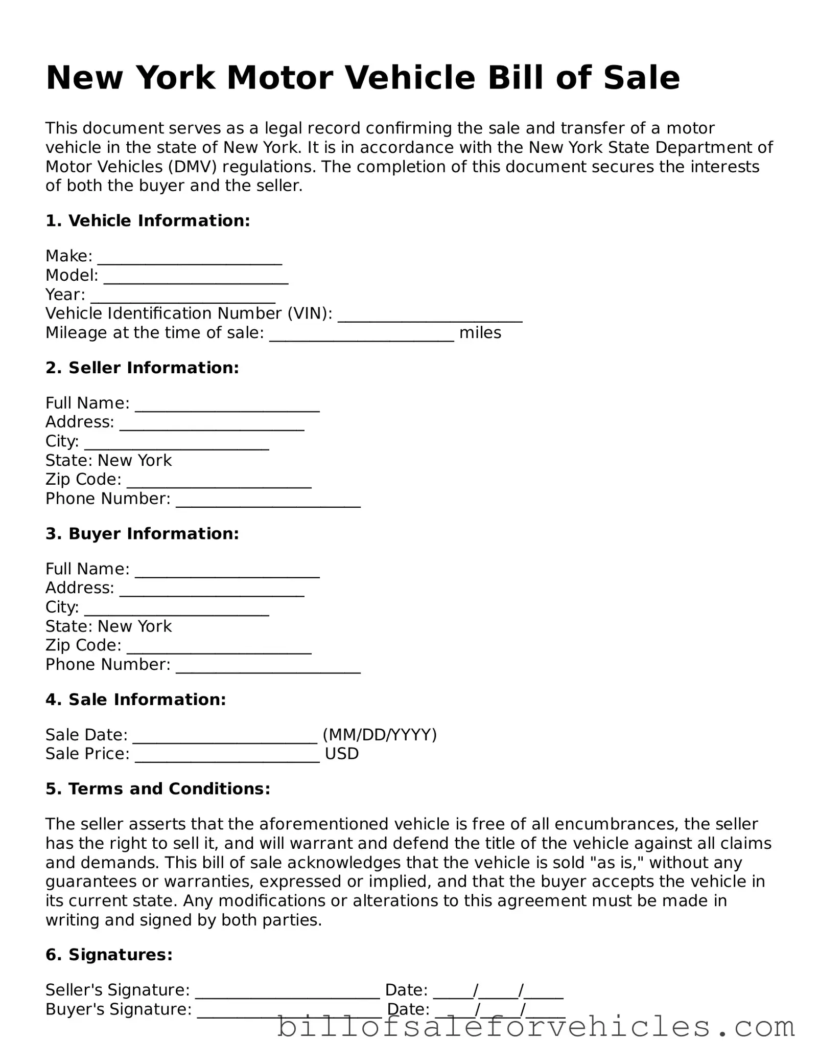 Valid New York Motor Vehicle Bill of Sale Template