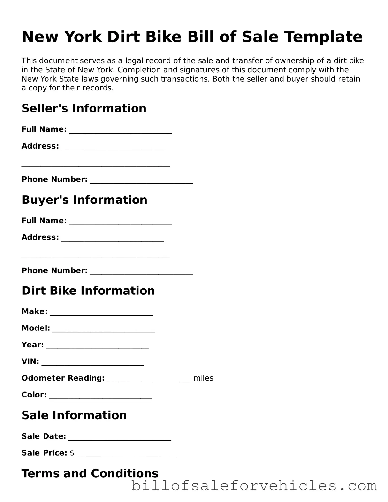 Valid New York Dirt Bike Bill of Sale Template