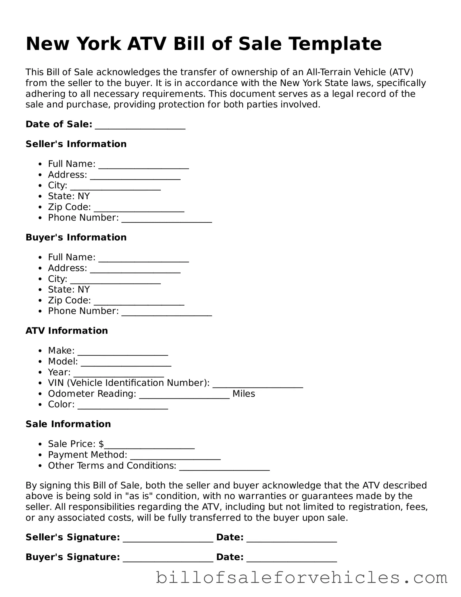 Valid New York ATV Bill of Sale Template