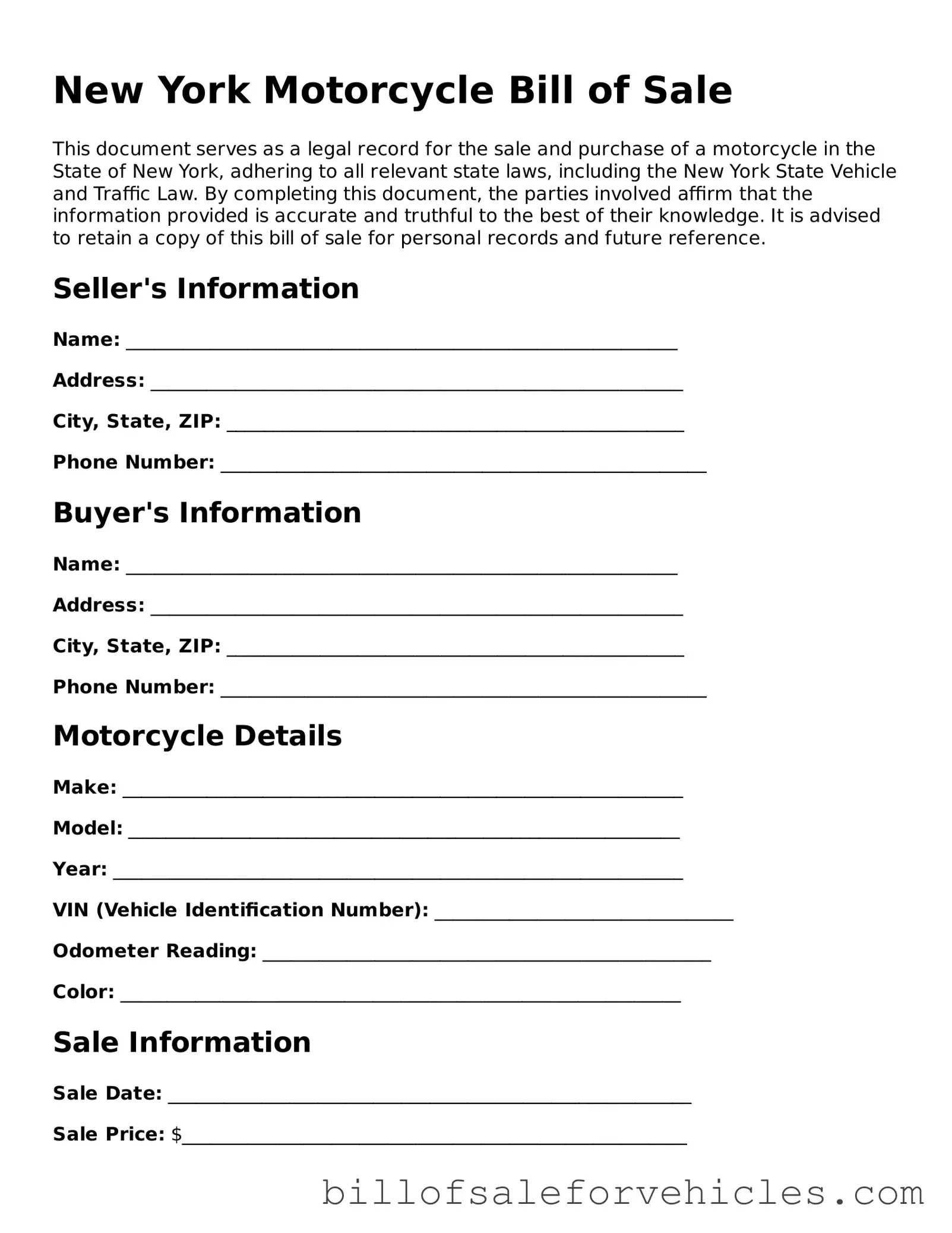 Valid New York Motorcycle Bill of Sale Template