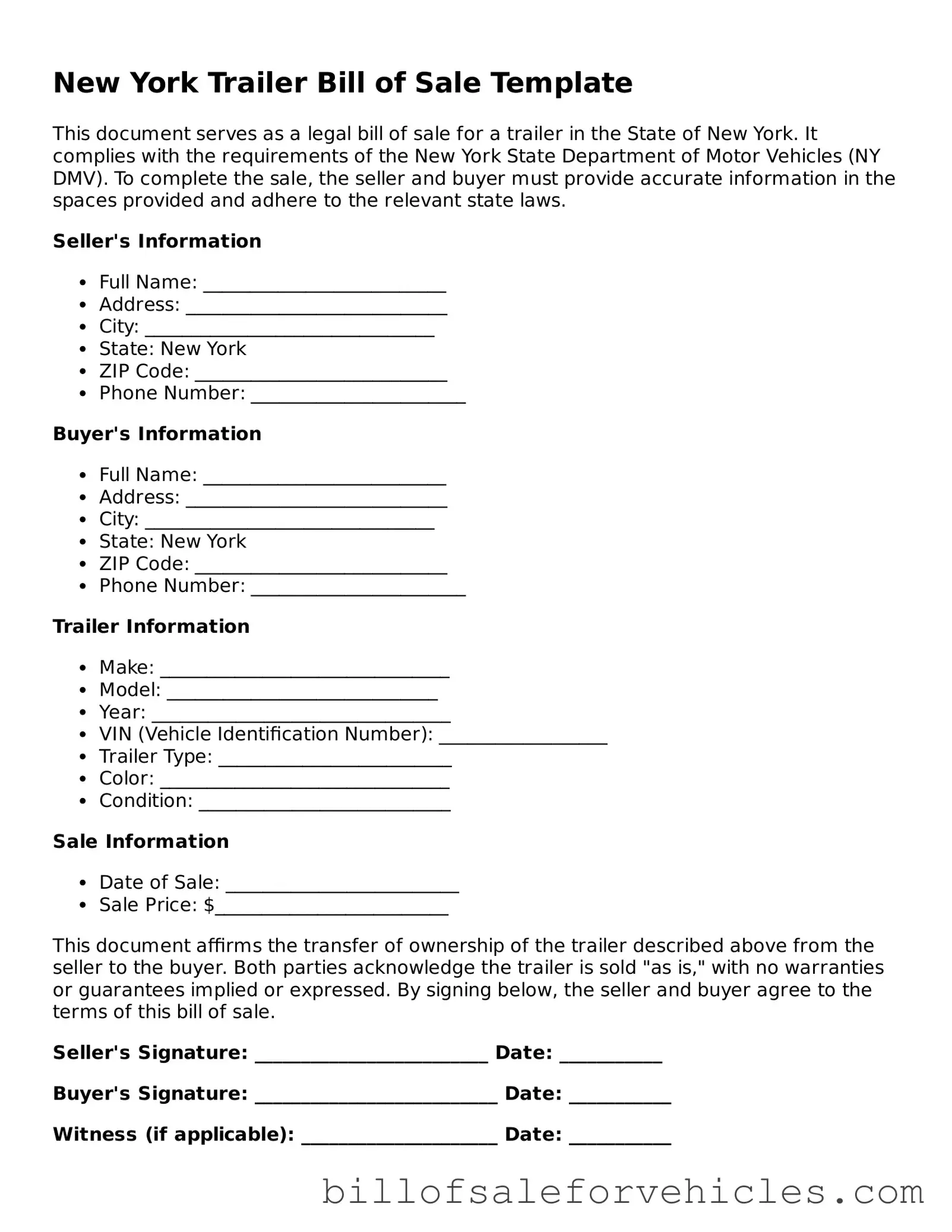 Valid New York Trailer Bill of Sale Template
