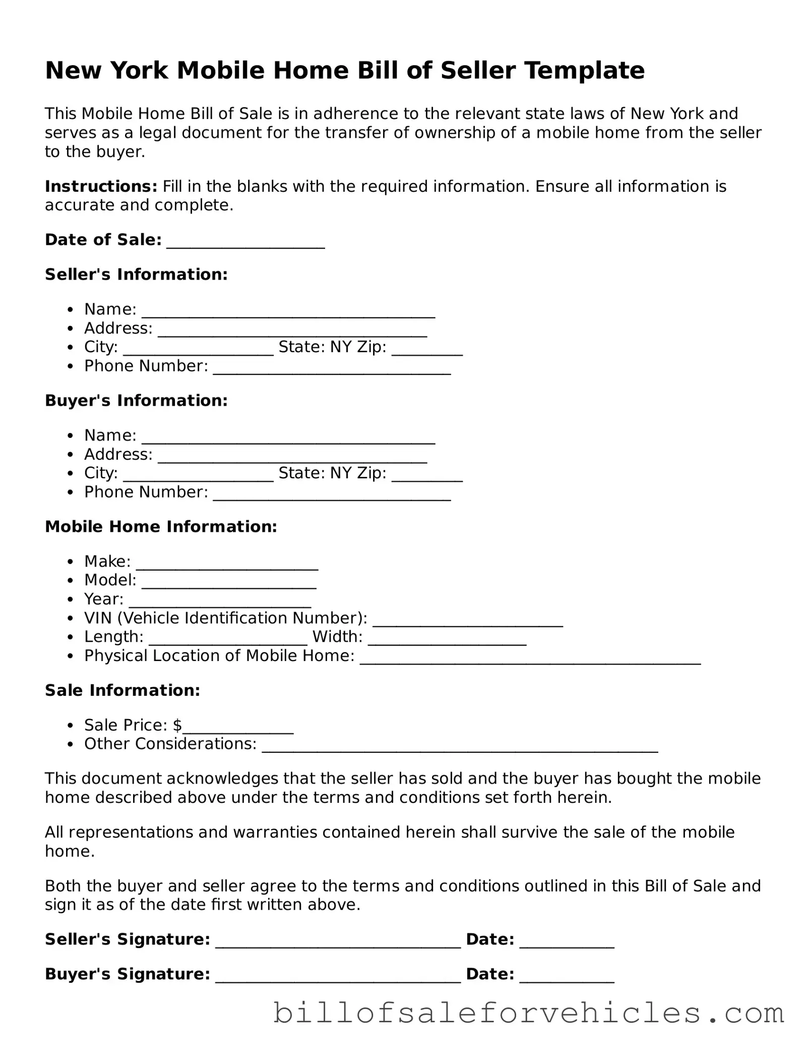 Valid New York Mobile Home Bill of Sale Template