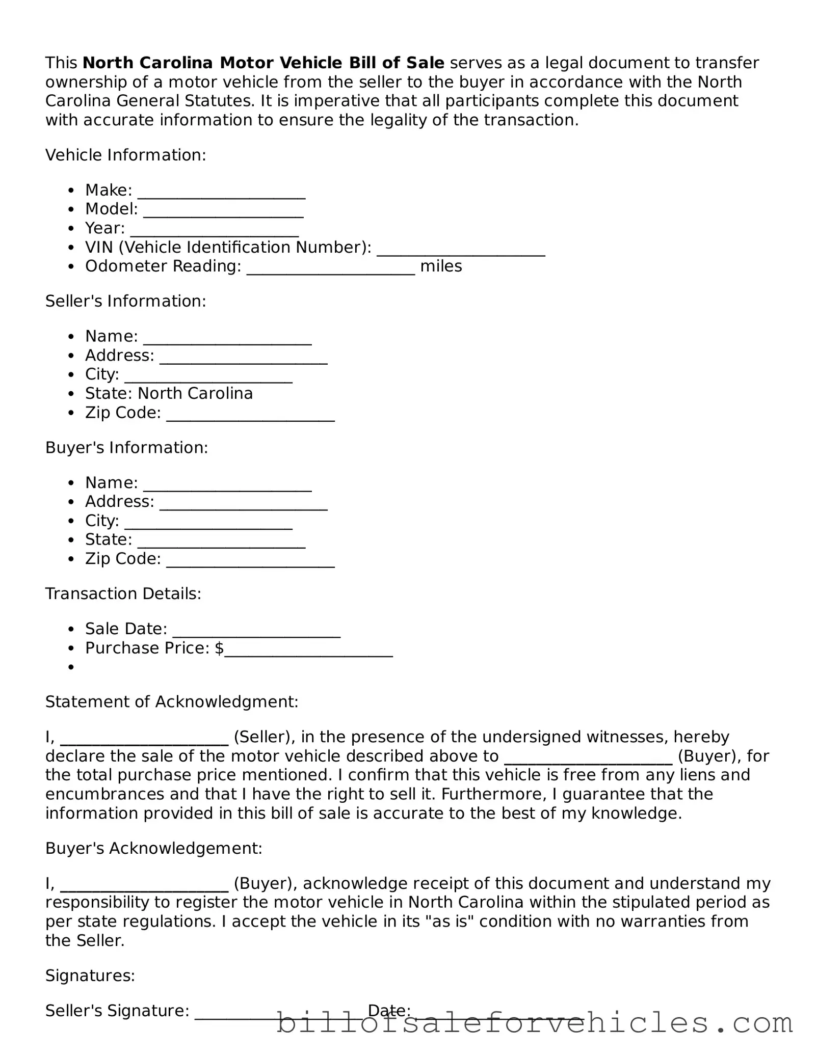 Valid North Carolina Motor Vehicle Bill of Sale Template
