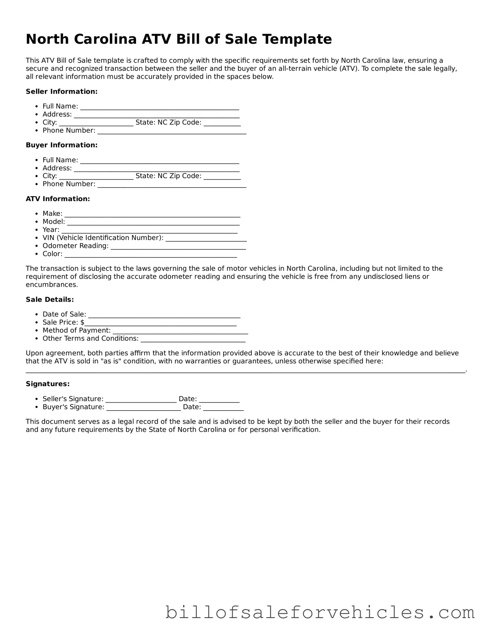 Valid North Carolina ATV Bill of Sale Template
