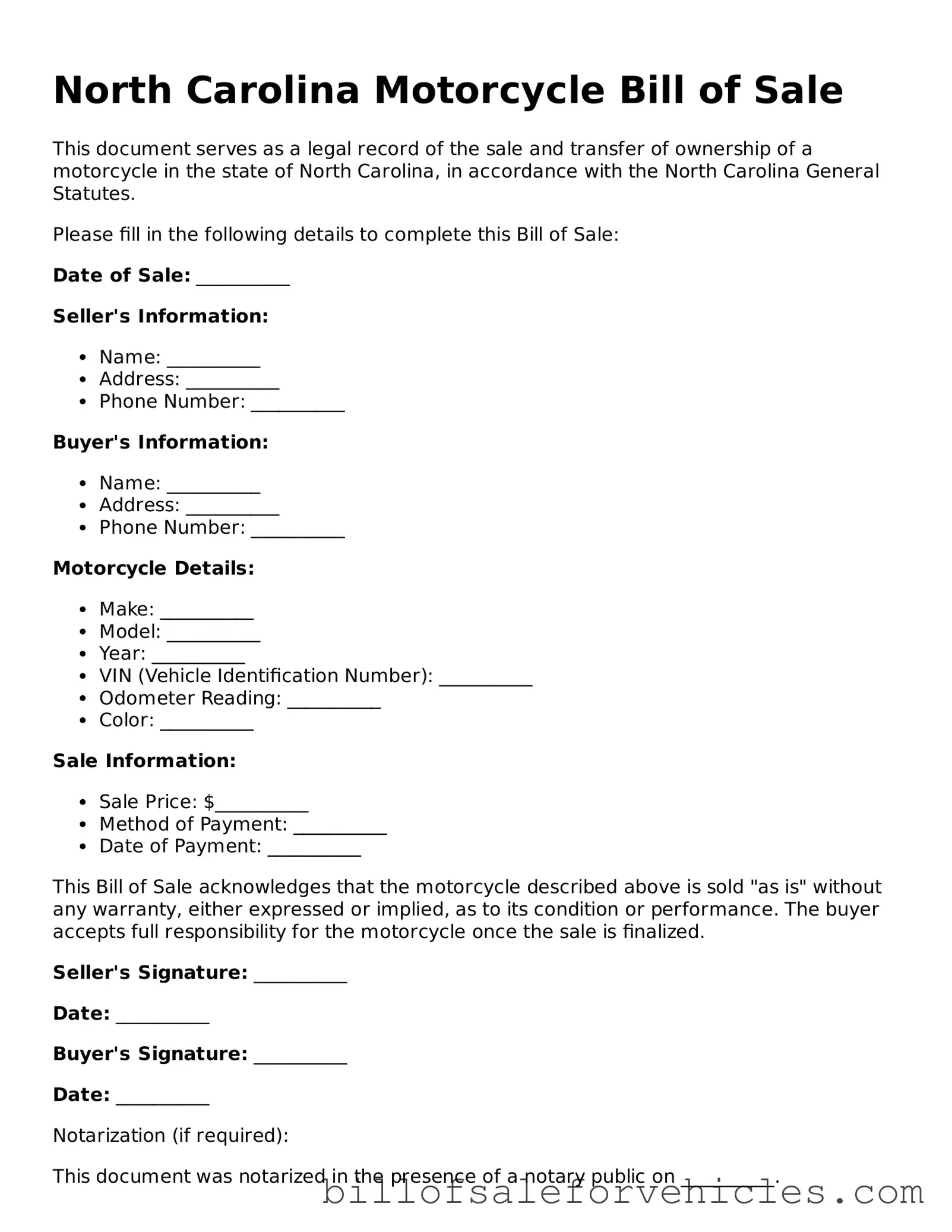 Valid North Carolina Motorcycle Bill of Sale Template