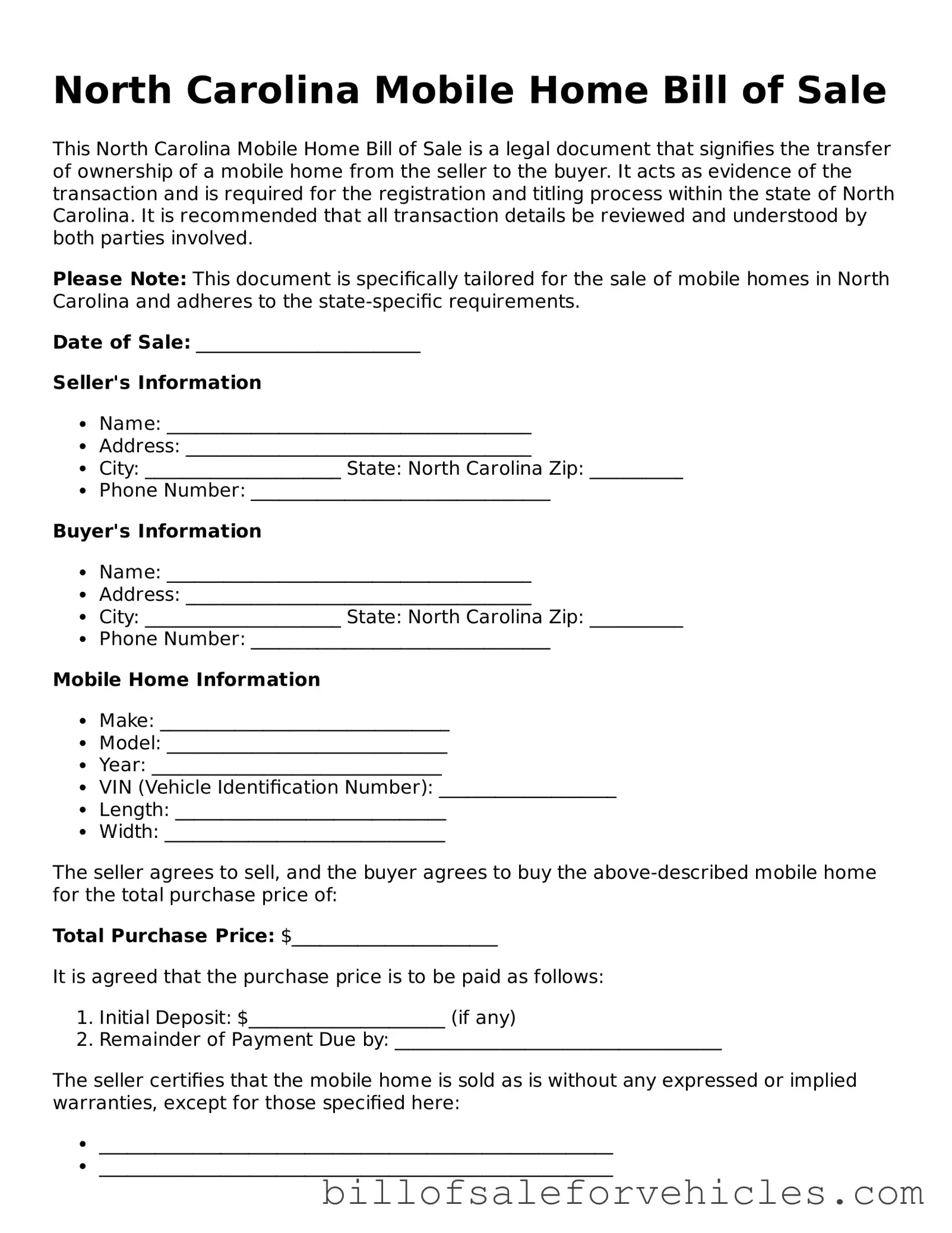 Valid North Carolina Mobile Home Bill of Sale Template