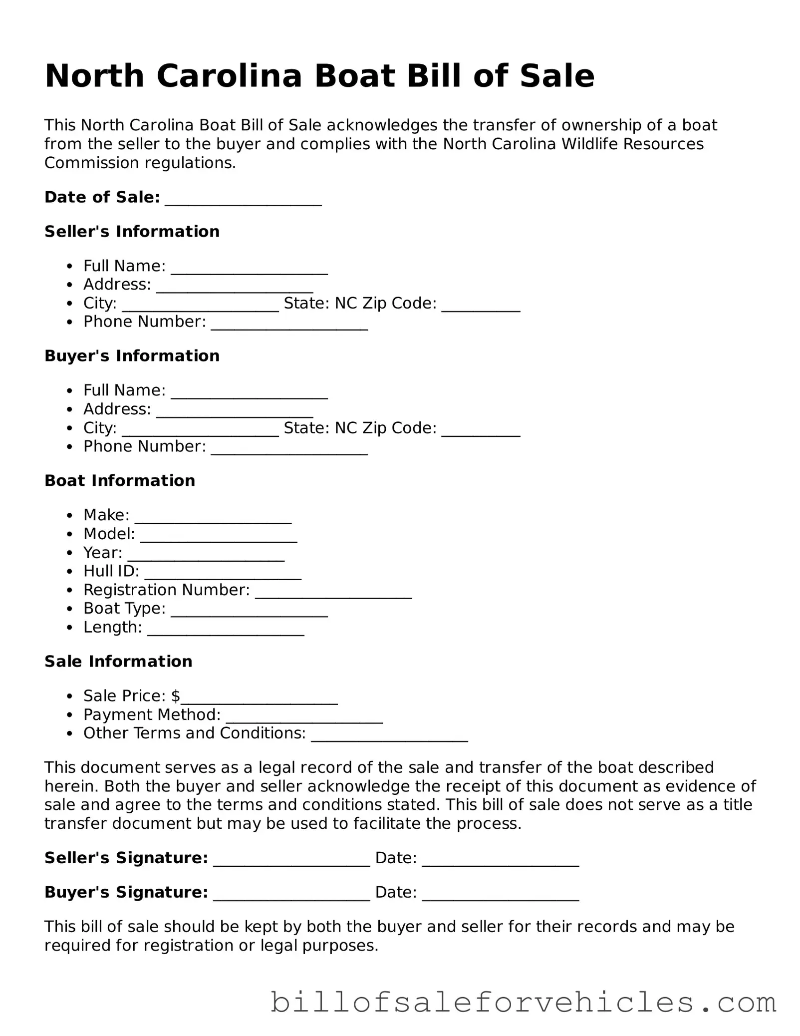 Valid North Carolina Boat Bill of Sale Template