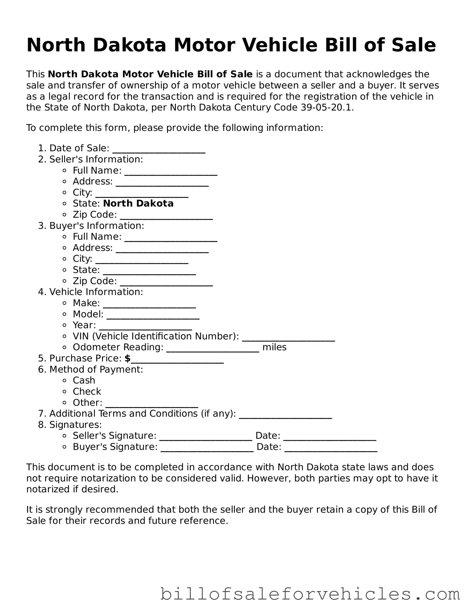 Valid North Dakota Motor Vehicle Bill of Sale Template
