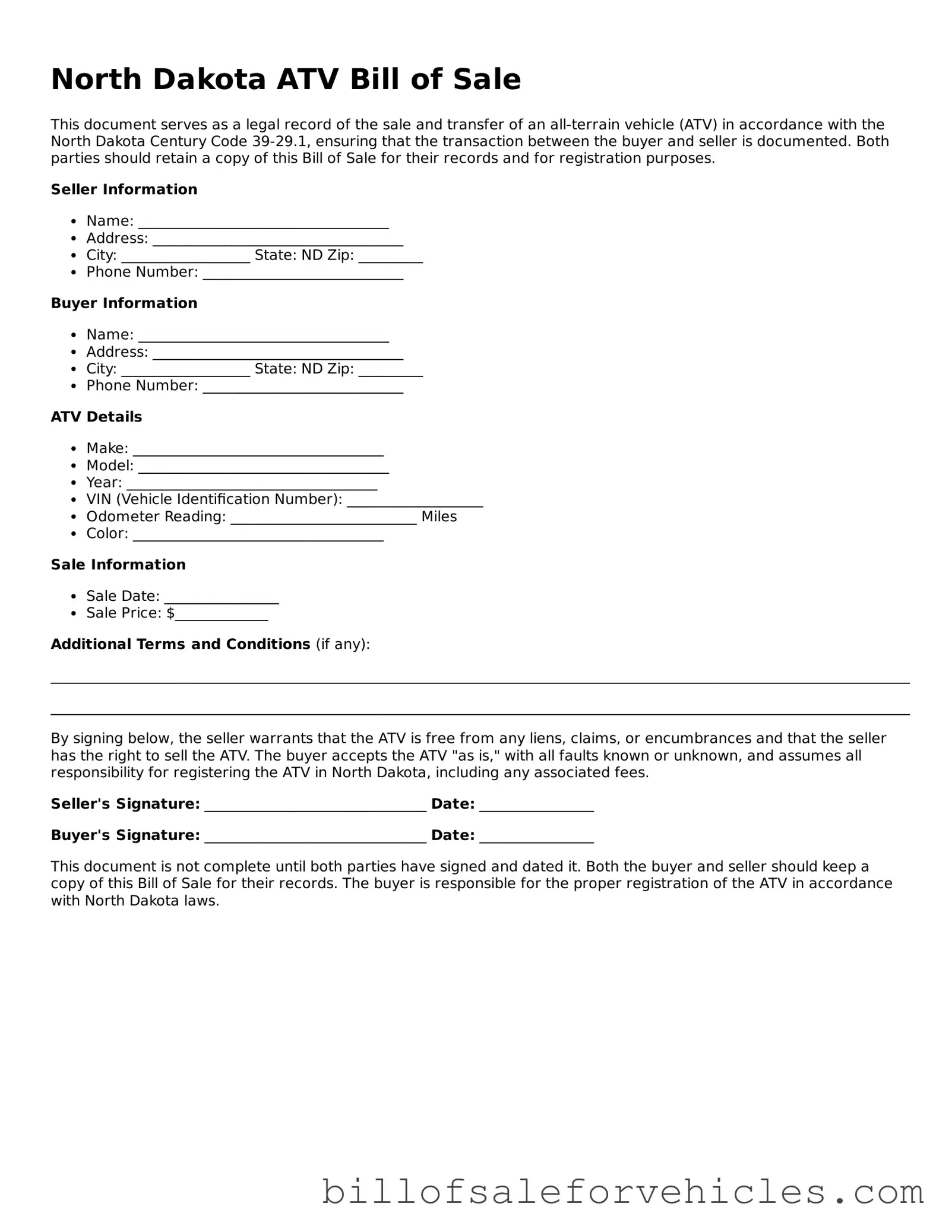 Valid North Dakota ATV Bill of Sale Template