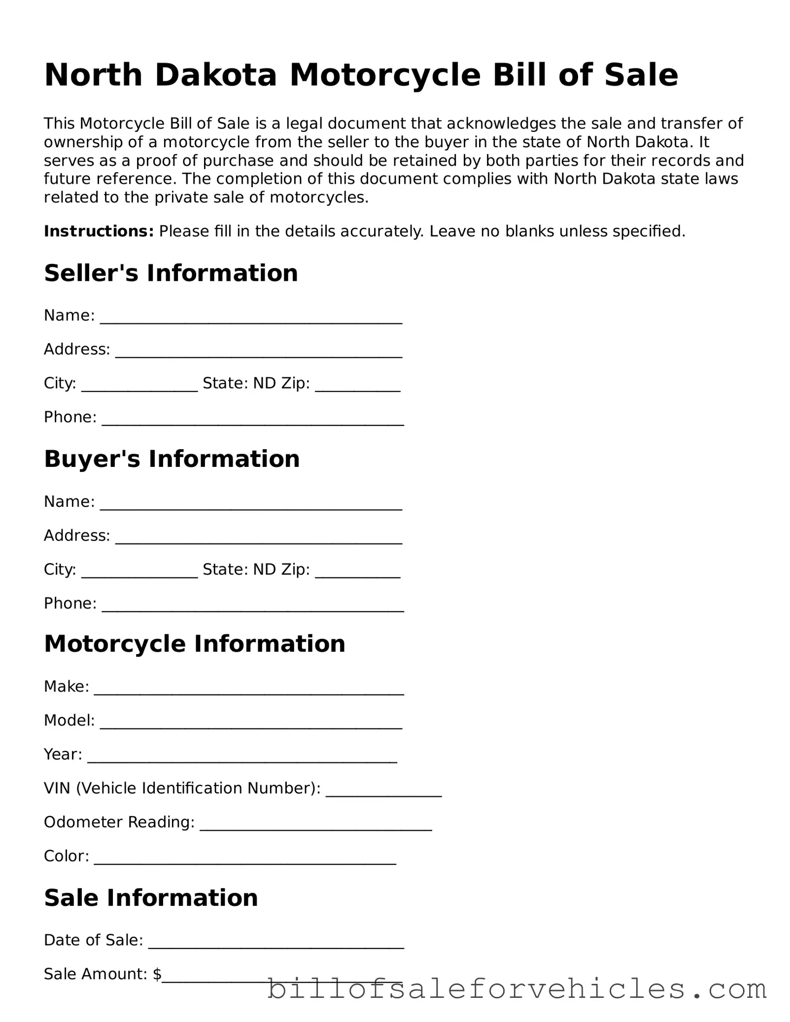 Valid North Dakota Motorcycle Bill of Sale Template