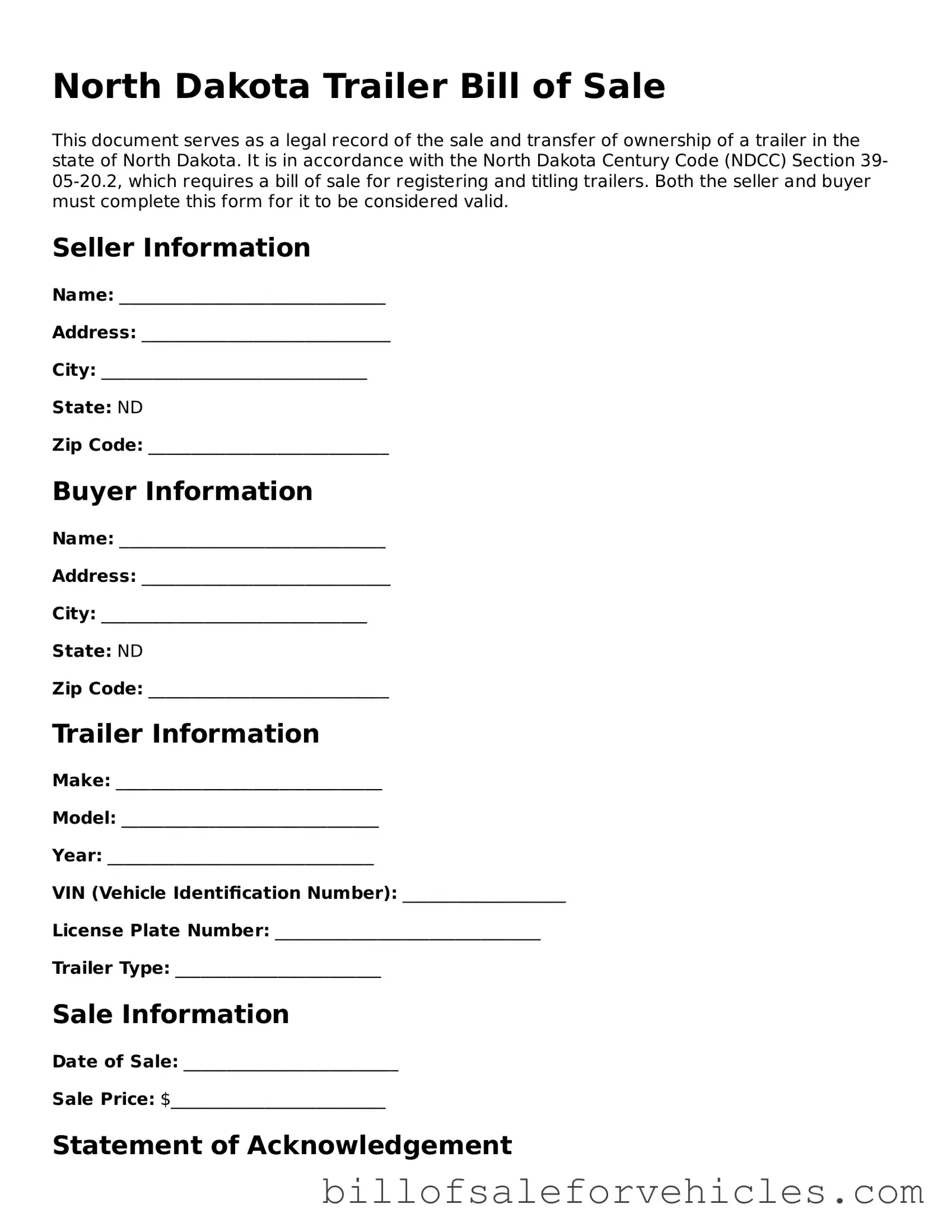 Valid North Dakota Trailer Bill of Sale Template