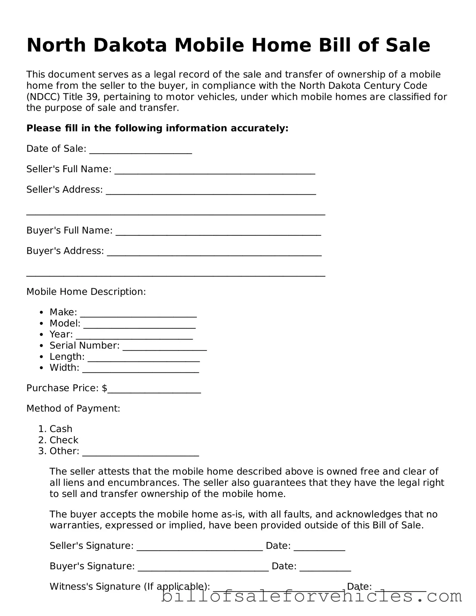 Valid North Dakota Mobile Home Bill of Sale Template