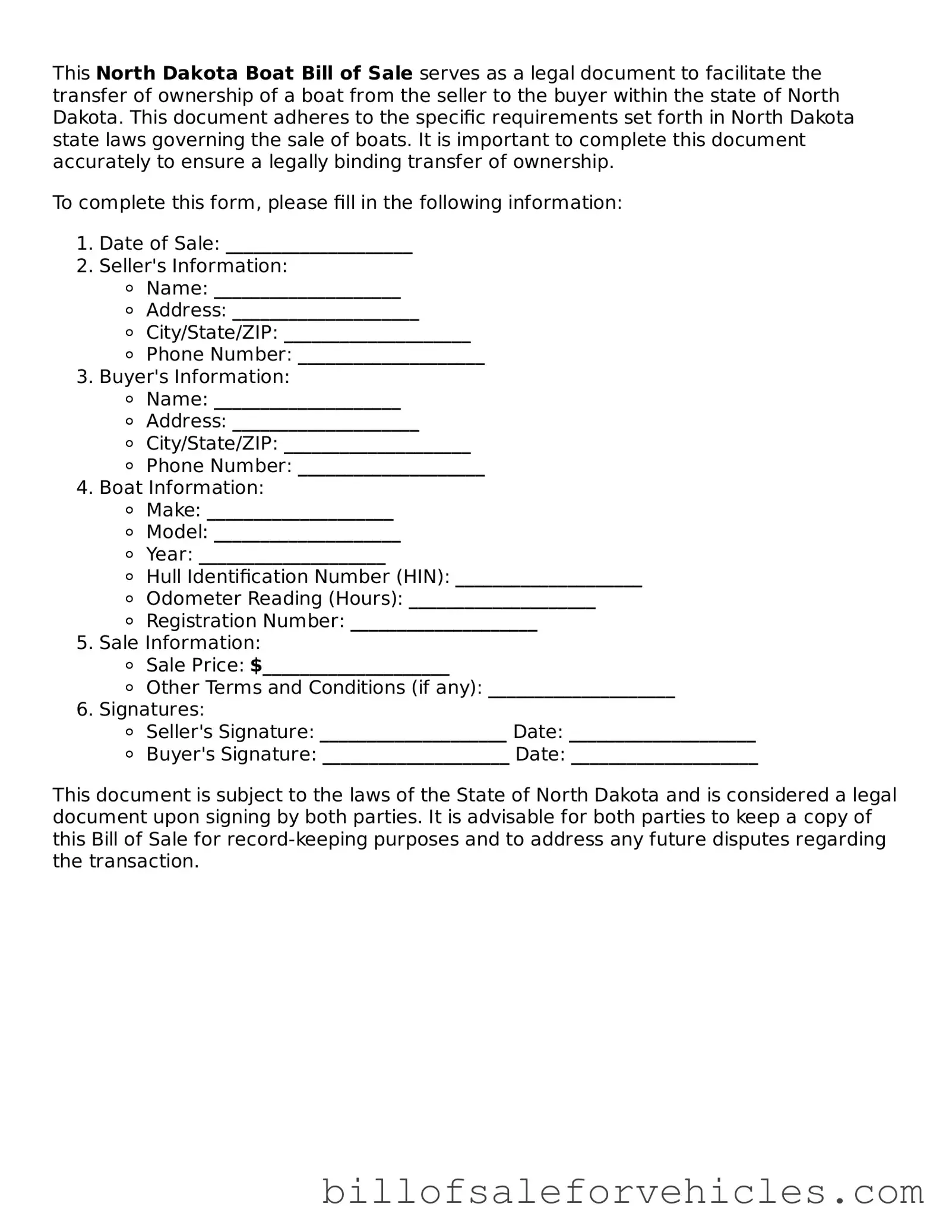 Valid North Dakota Boat Bill of Sale Template