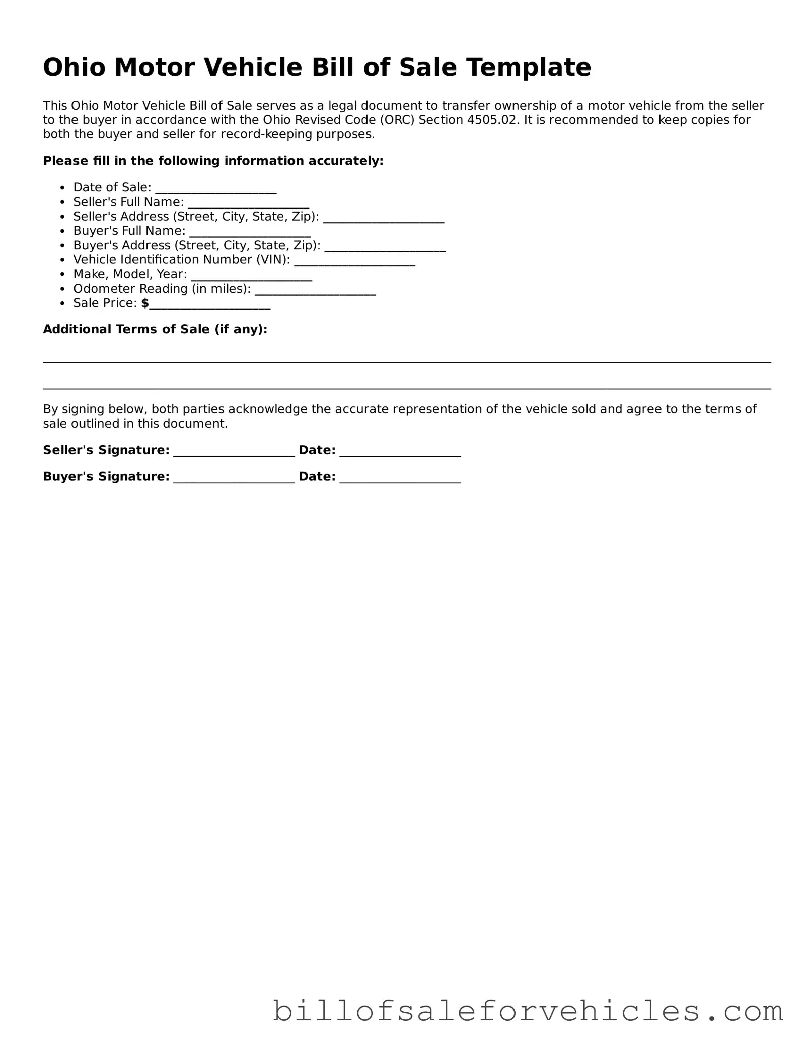 Valid Ohio Motor Vehicle Bill of Sale Template