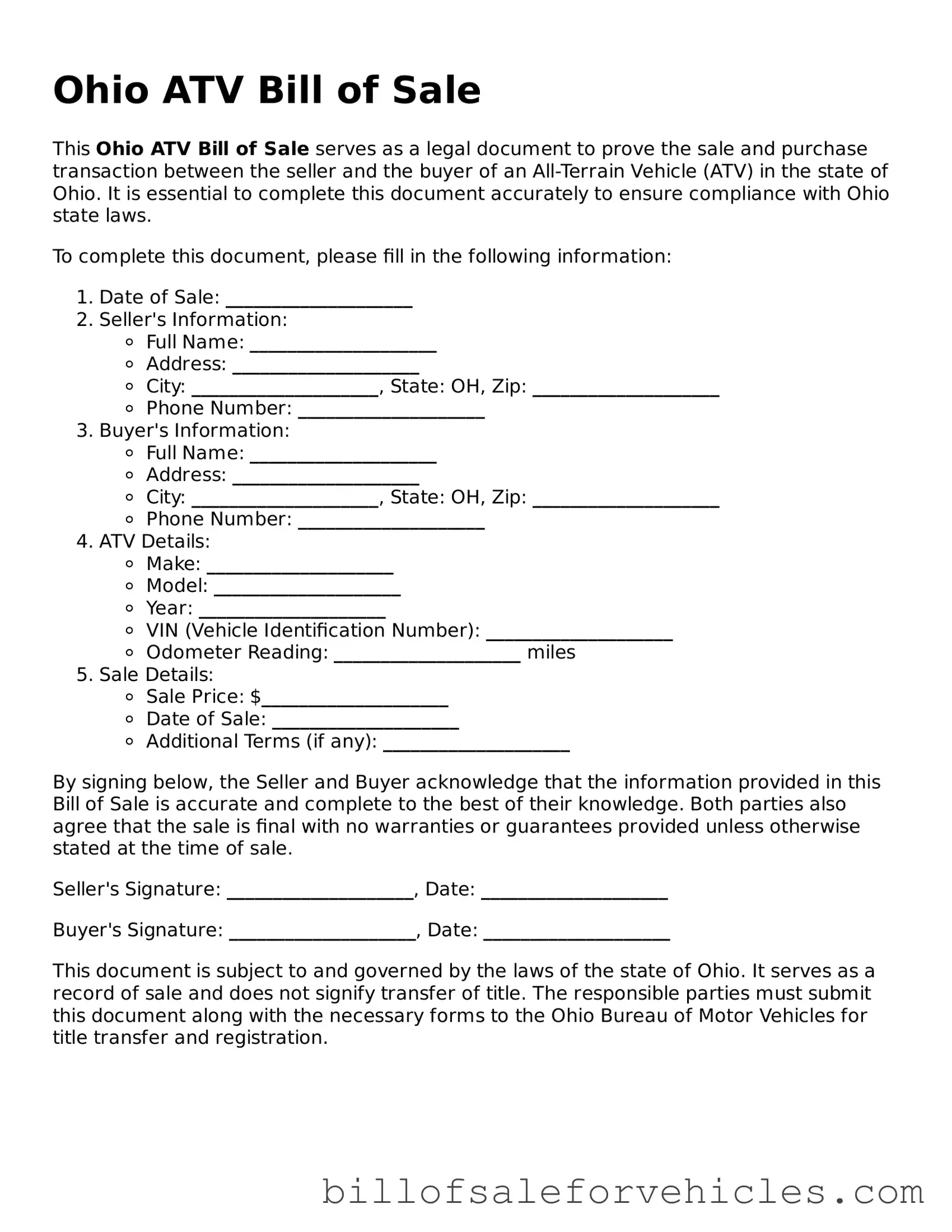 Valid Ohio ATV Bill of Sale Template