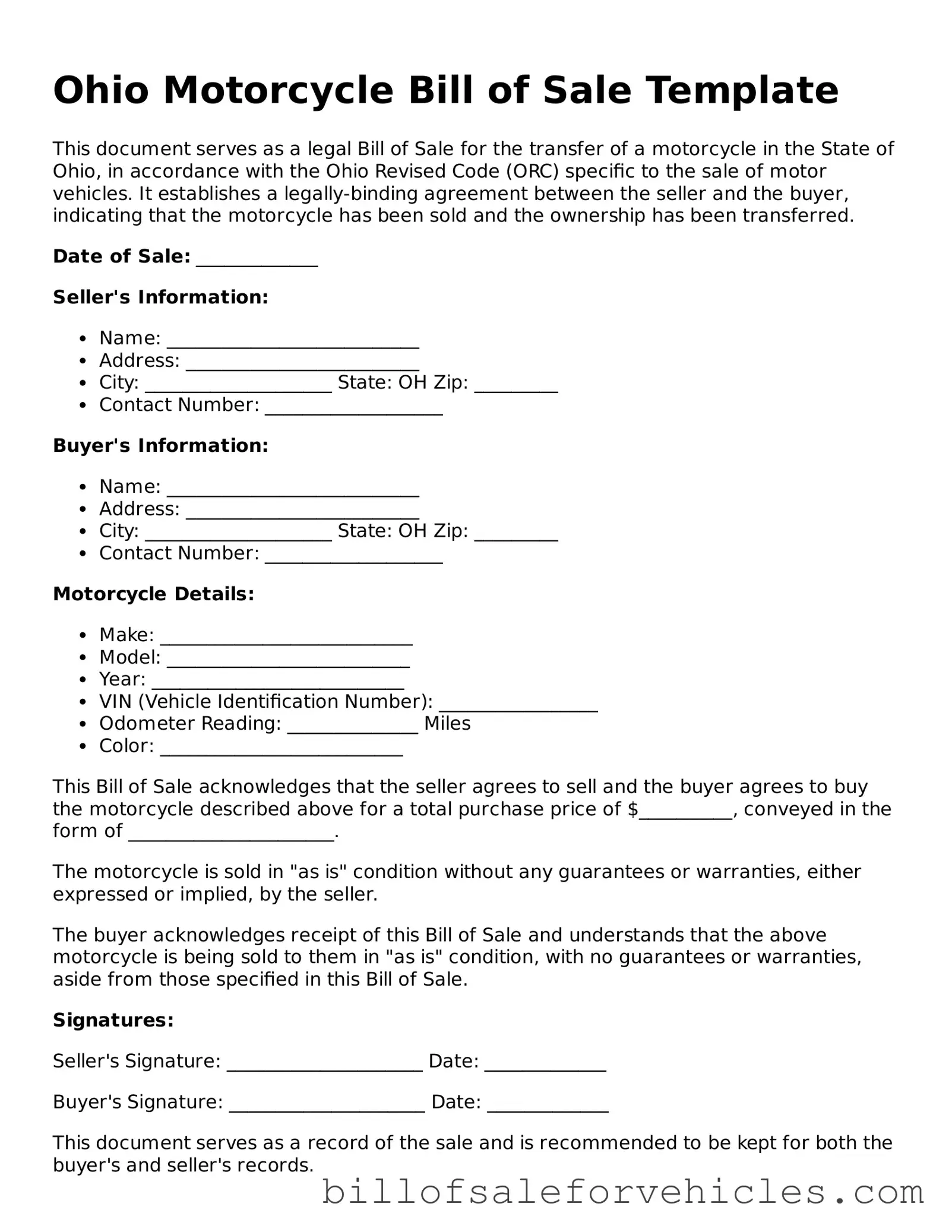 Valid Ohio Motorcycle Bill of Sale Template