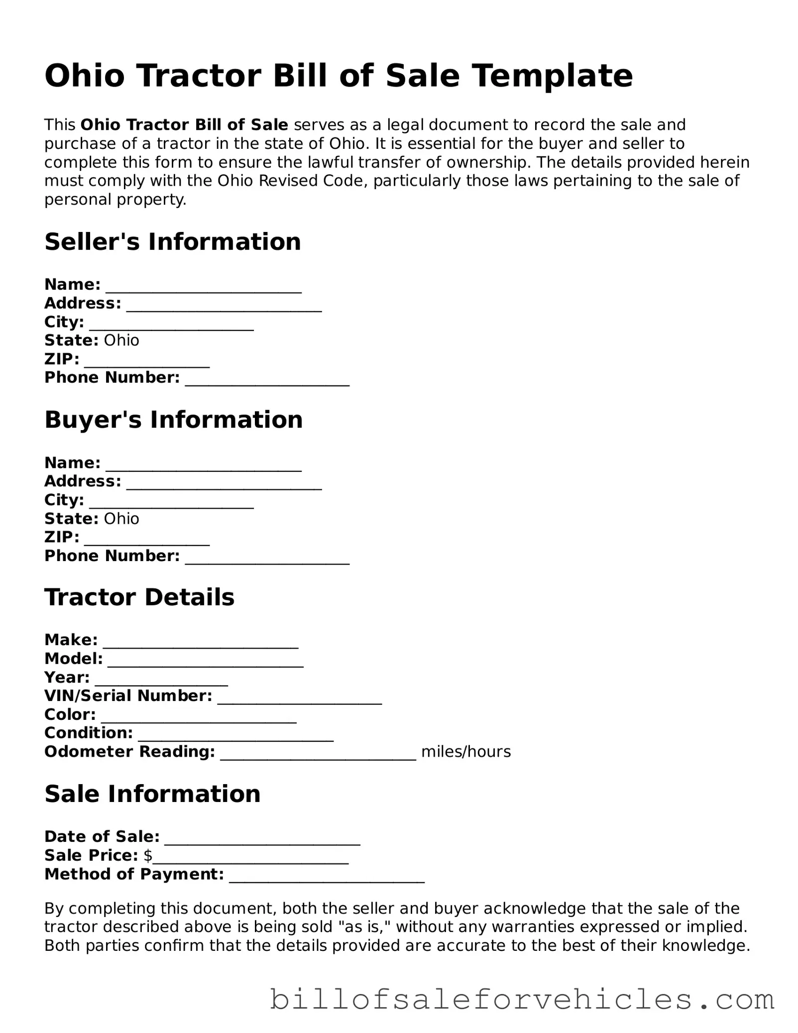 Valid Ohio Tractor Bill of Sale Template