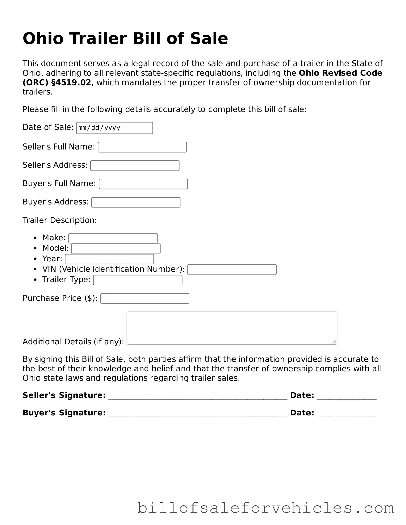Valid Ohio Trailer Bill of Sale Template