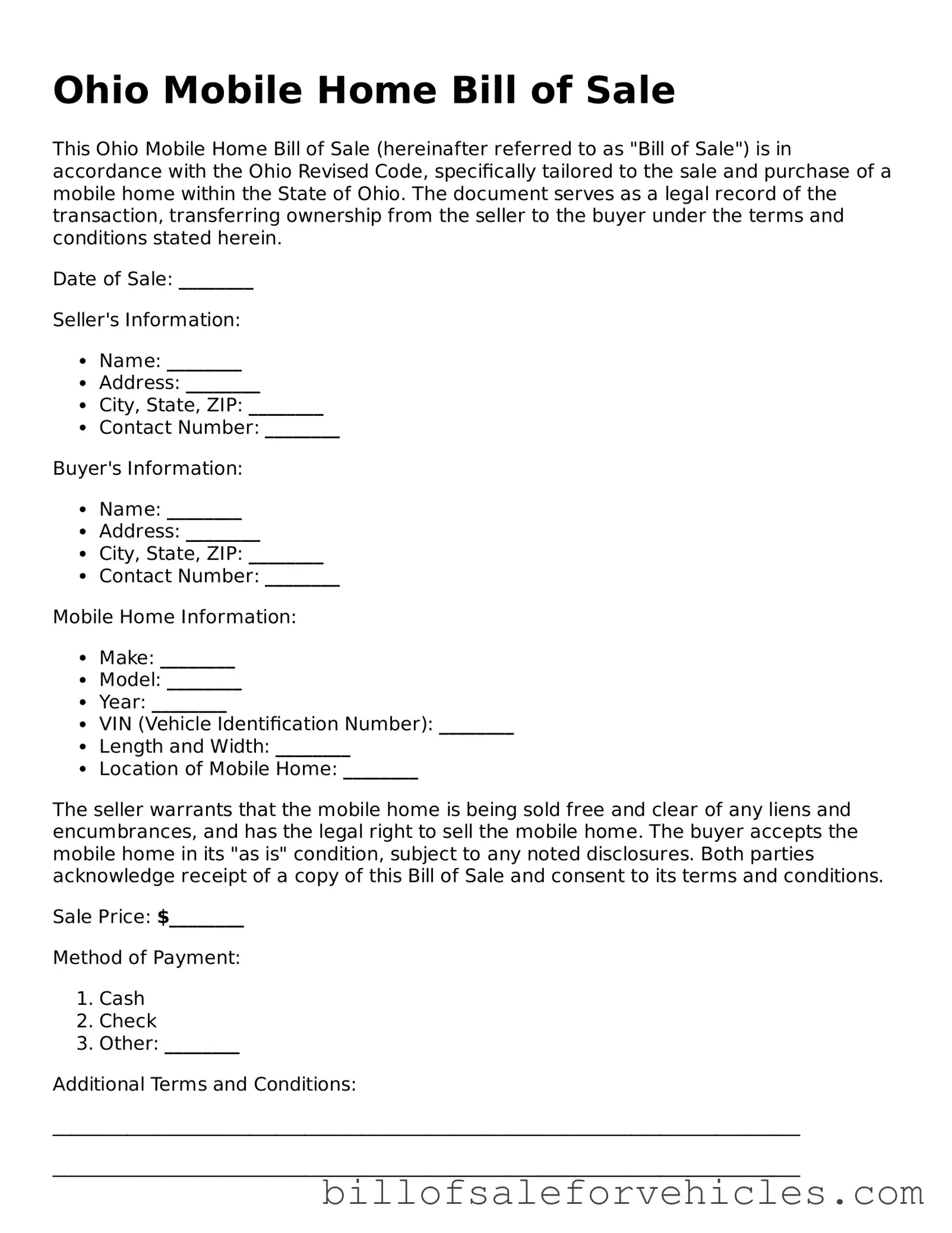 Valid Ohio Mobile Home Bill of Sale Template