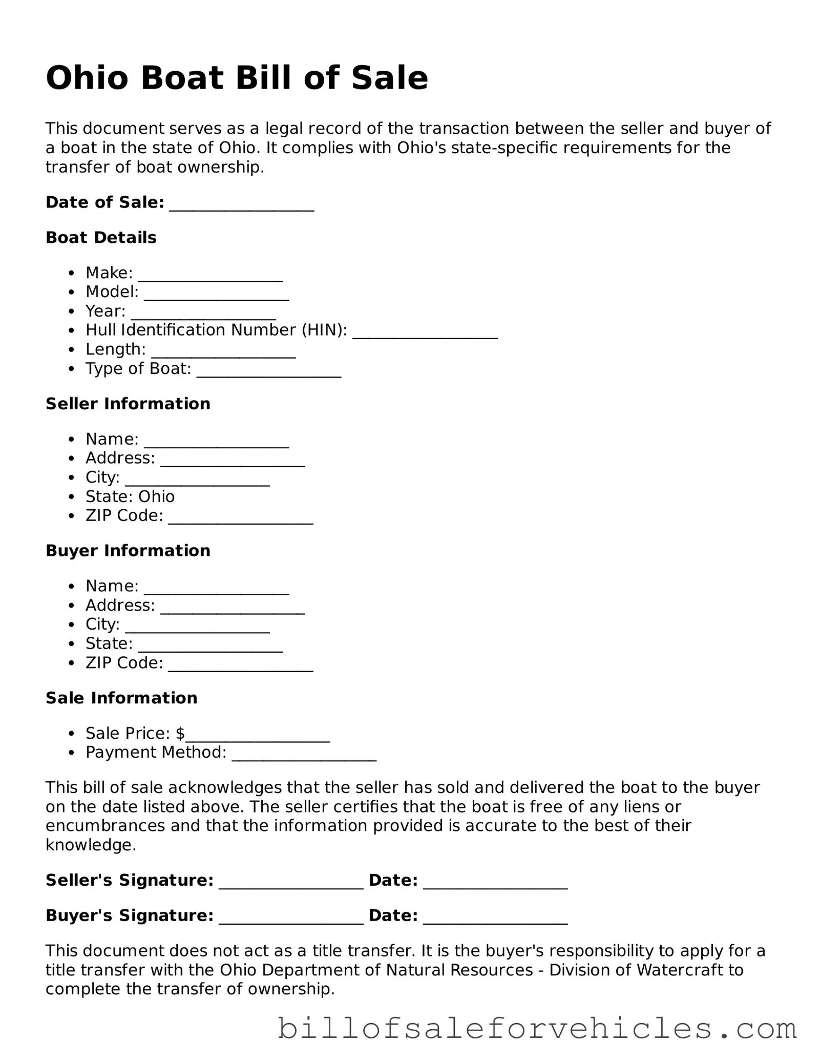 Valid Ohio Boat Bill of Sale Template