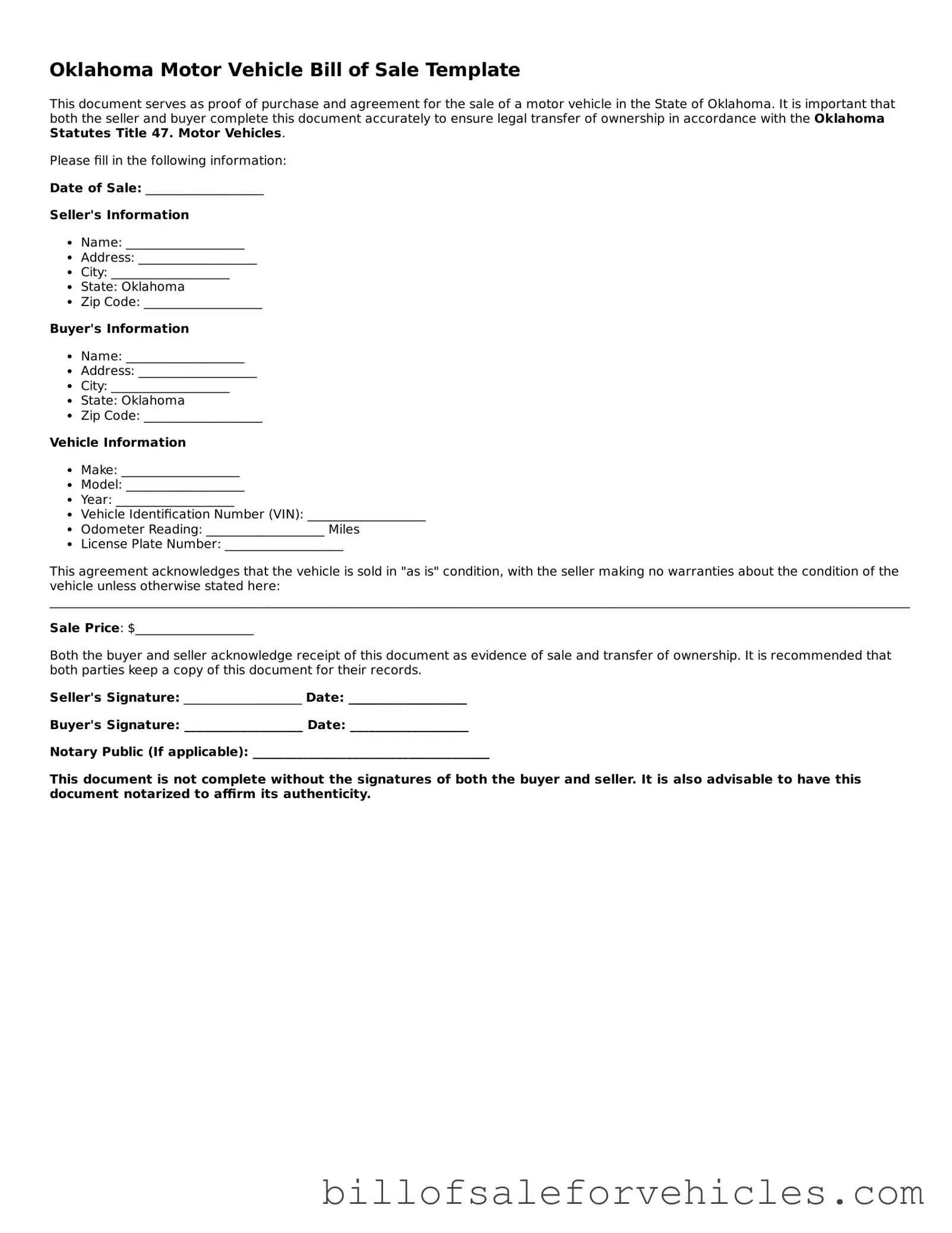 Valid Oklahoma Motor Vehicle Bill of Sale Template