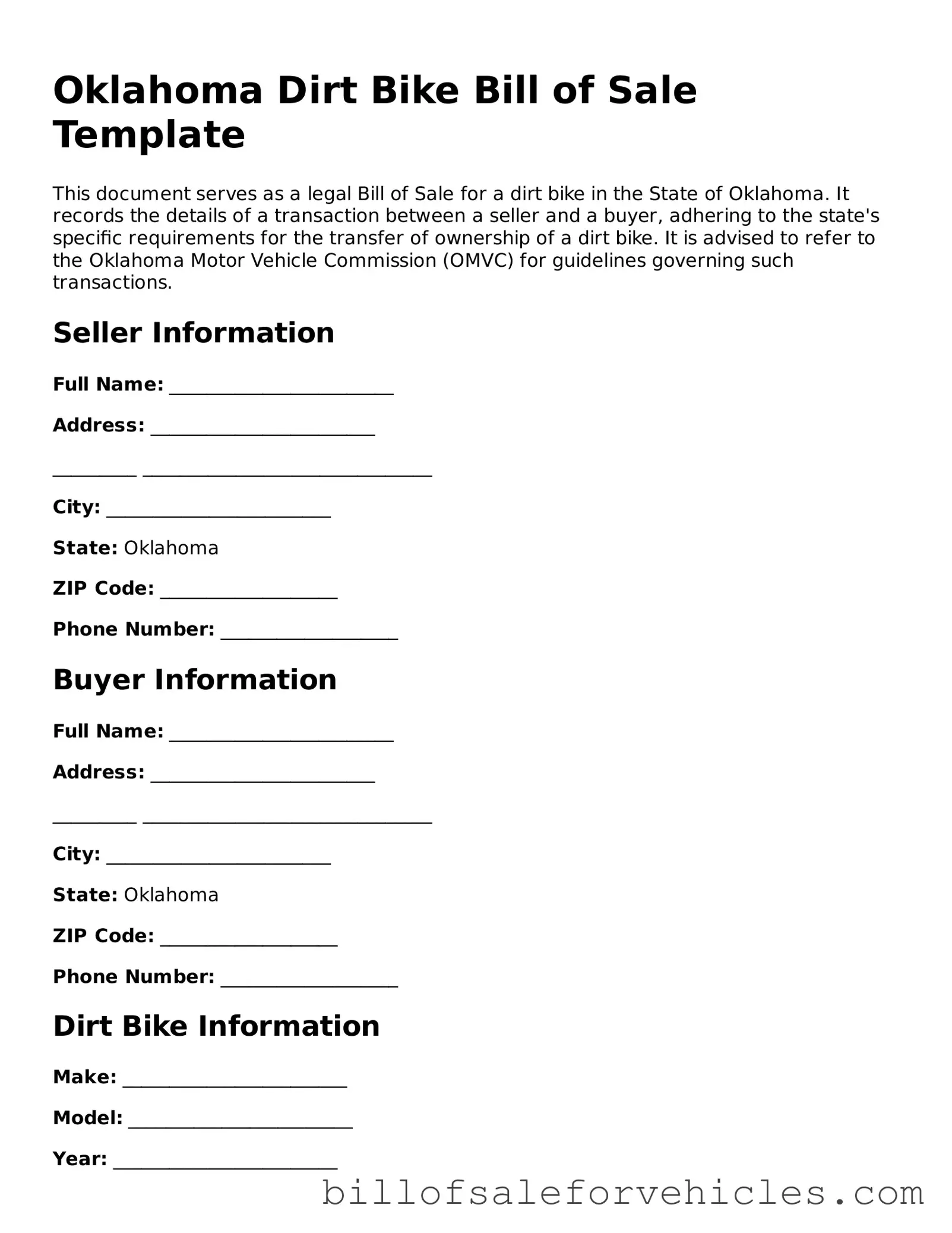 Valid Oklahoma Dirt Bike Bill of Sale Template
