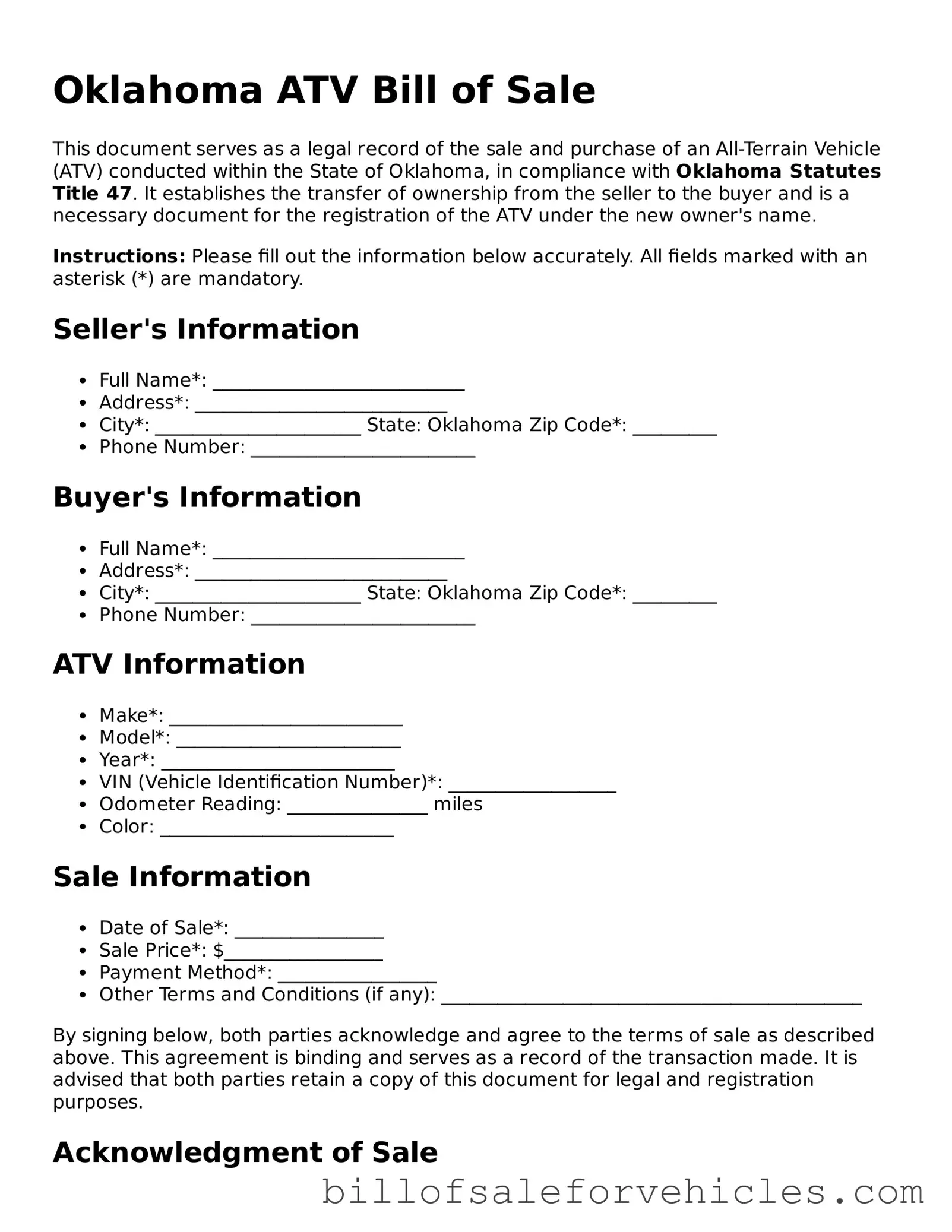 Valid Oklahoma ATV Bill of Sale Template