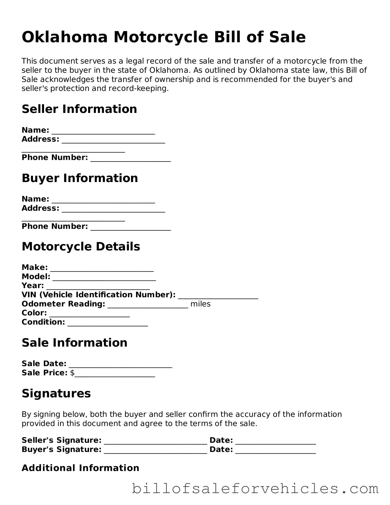 Valid Oklahoma Motorcycle Bill of Sale Template