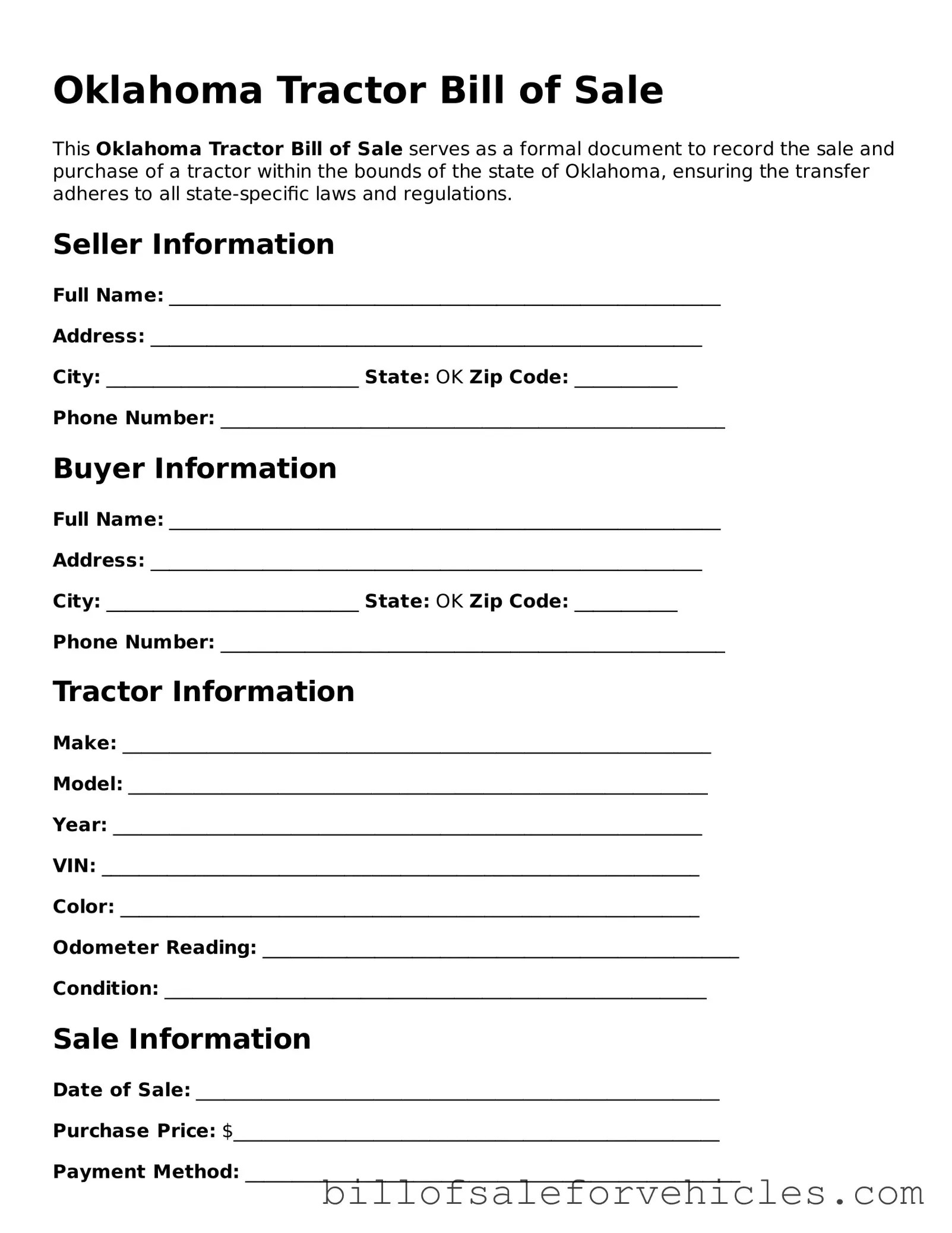 Valid Oklahoma Tractor Bill of Sale Template