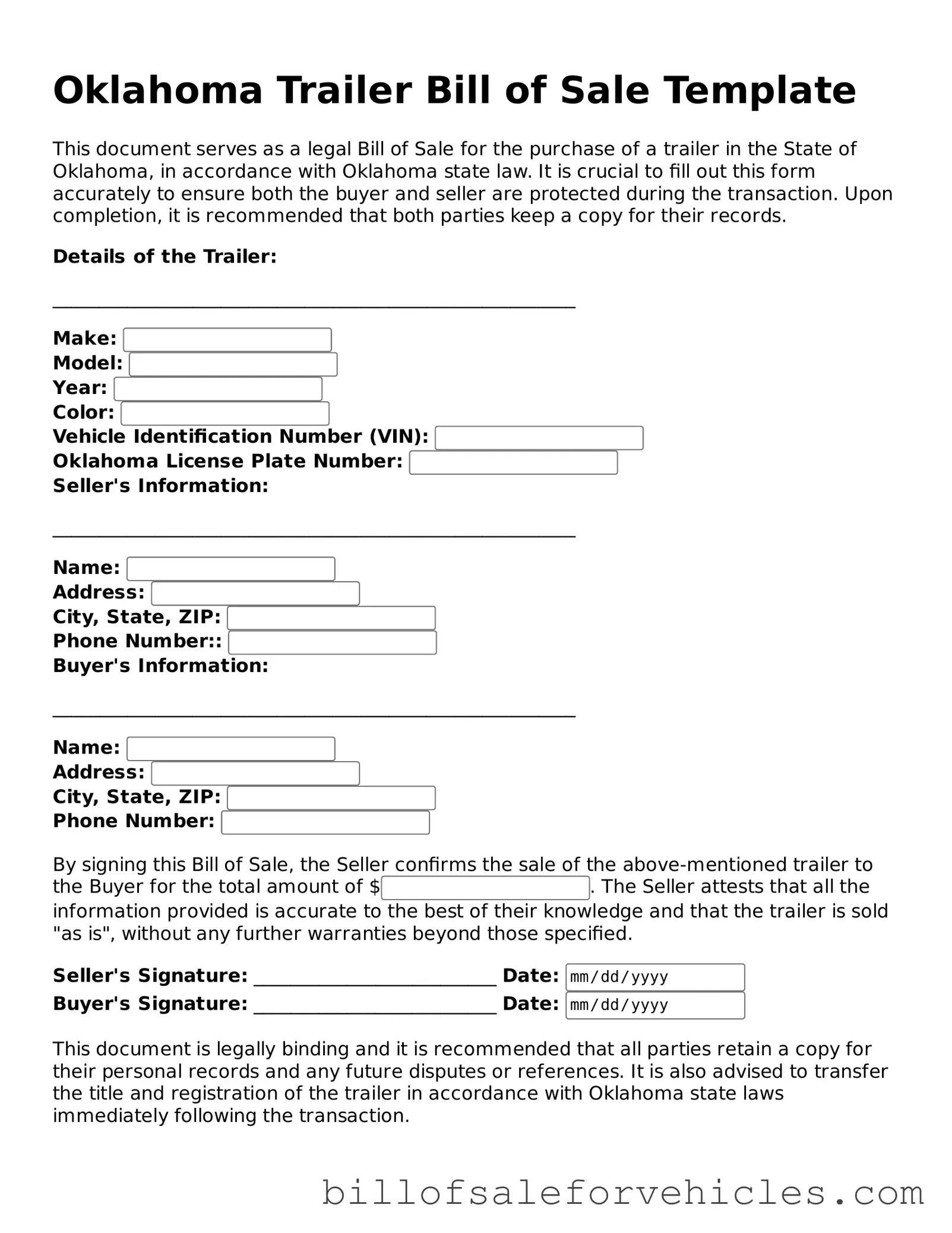 Valid Oklahoma Trailer Bill of Sale Template