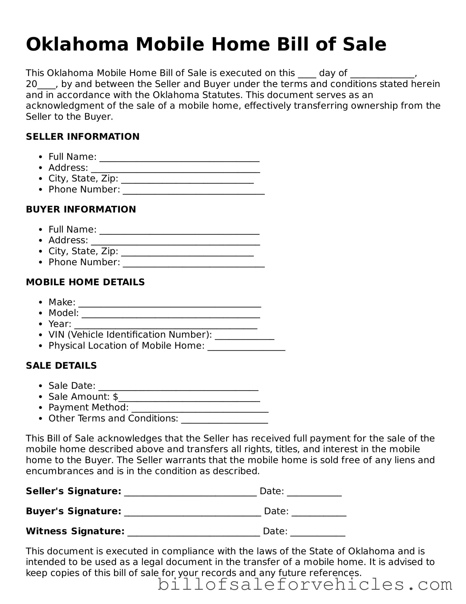 Valid Oklahoma Mobile Home Bill of Sale Template