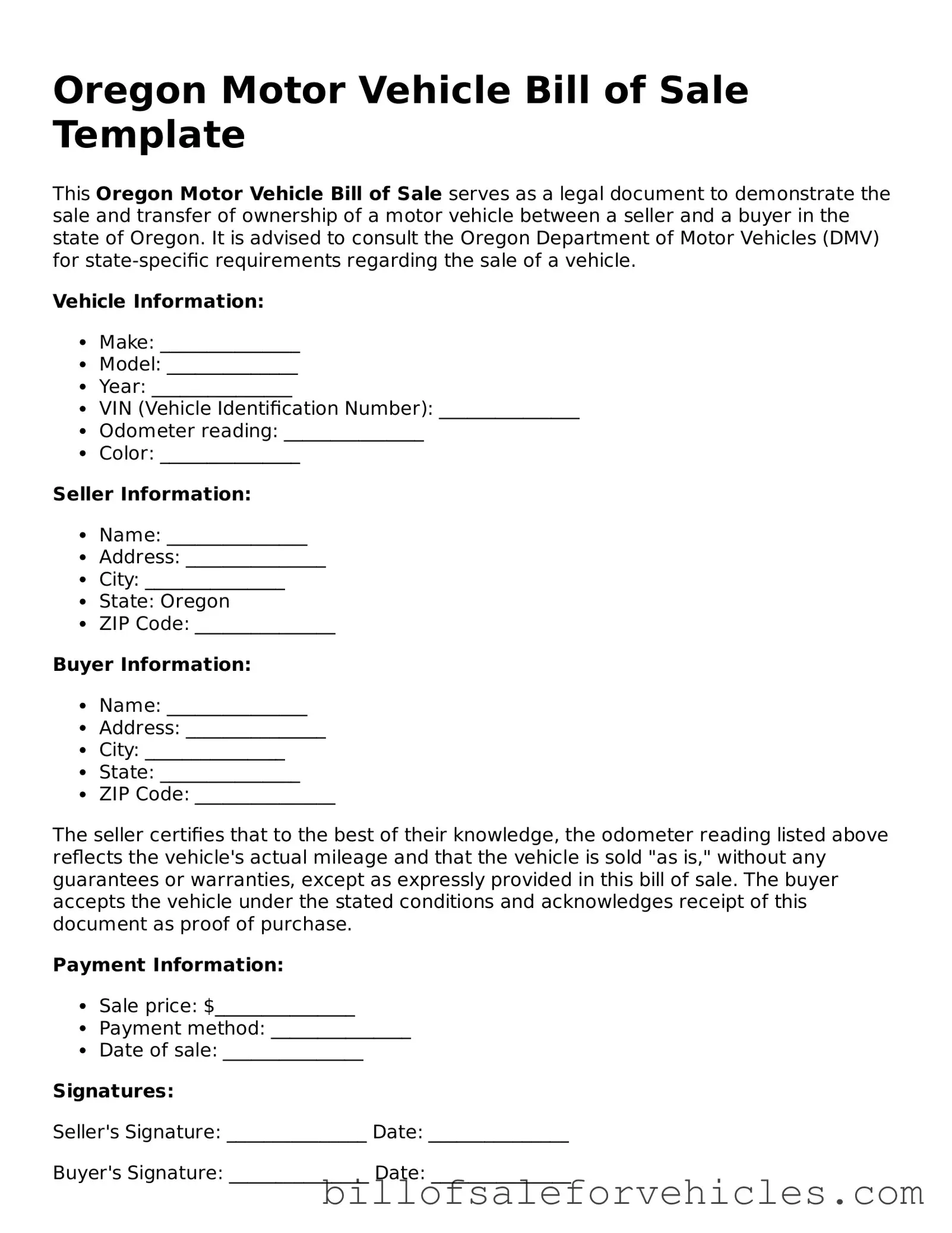 Valid Oregon Motor Vehicle Bill of Sale Template