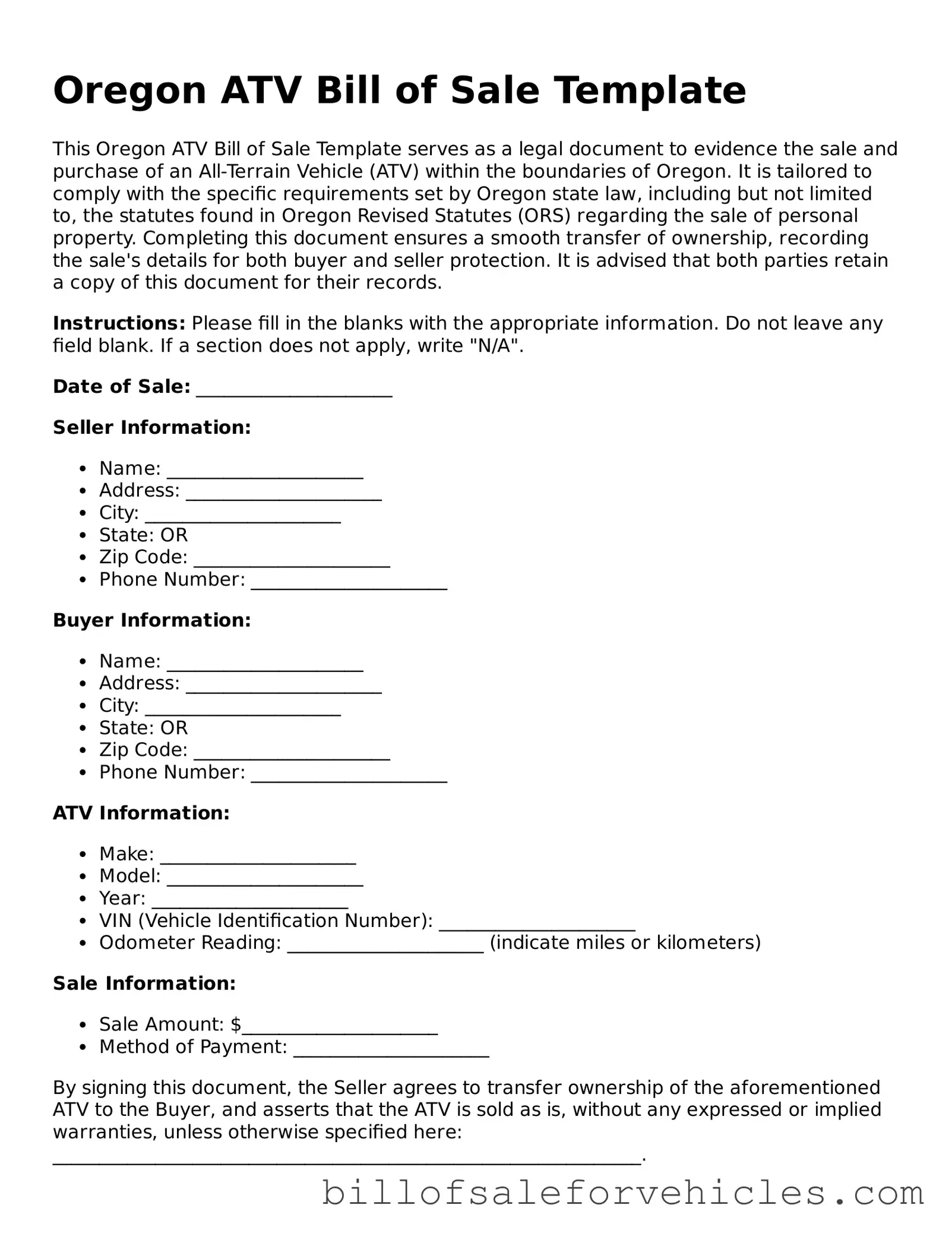 Valid Oregon ATV Bill of Sale Template