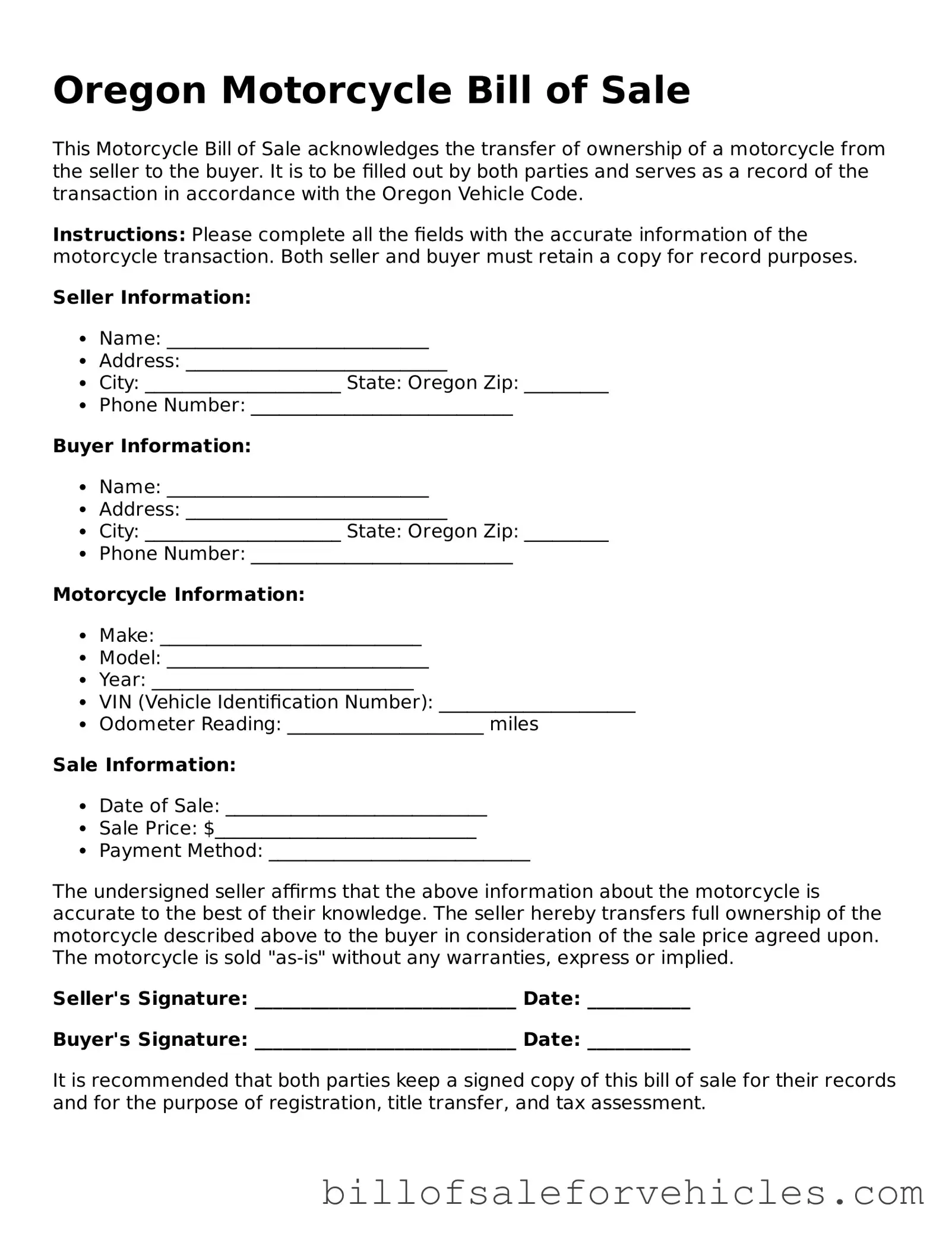 Valid Oregon Motorcycle Bill of Sale Template