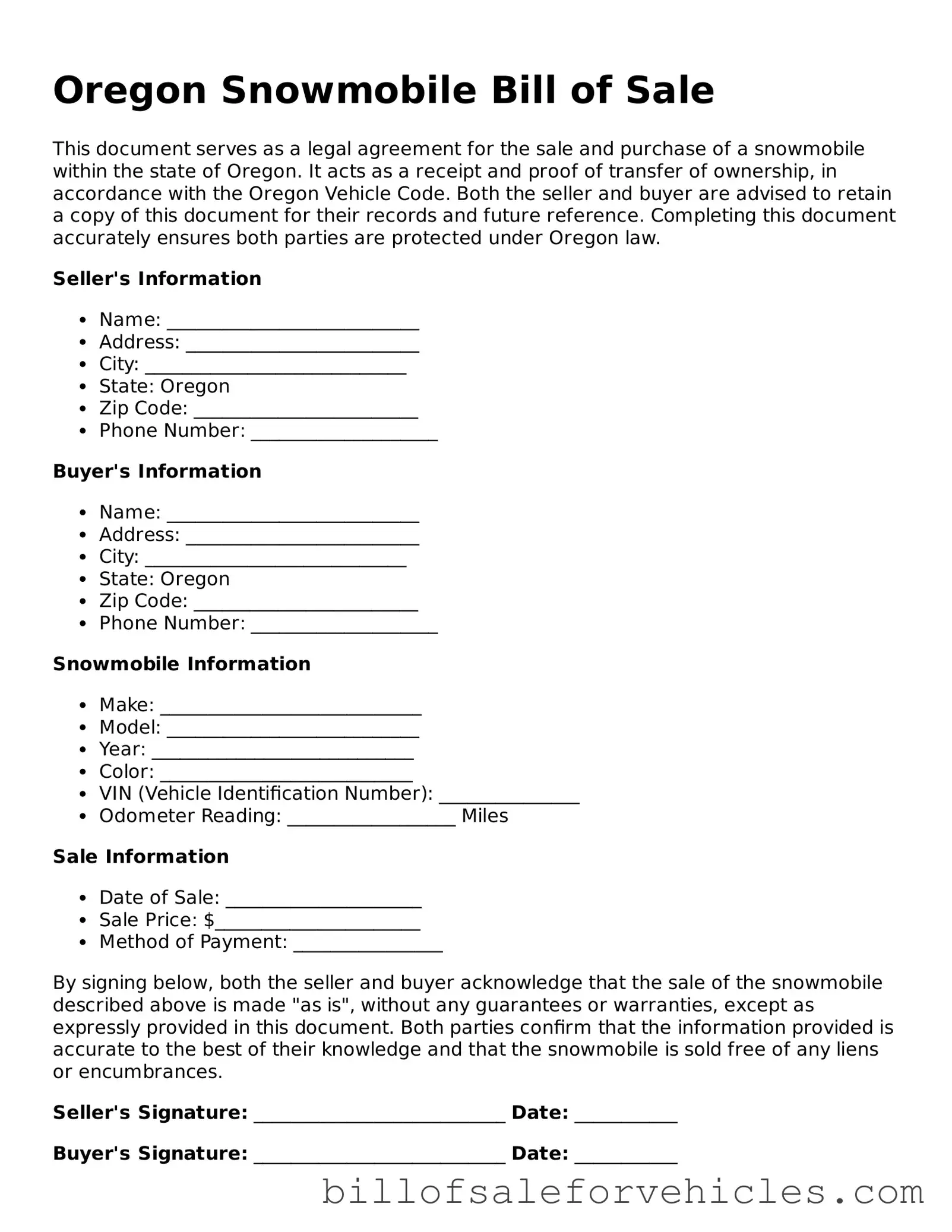 Valid Oregon Snowmobile Bill of Sale Template