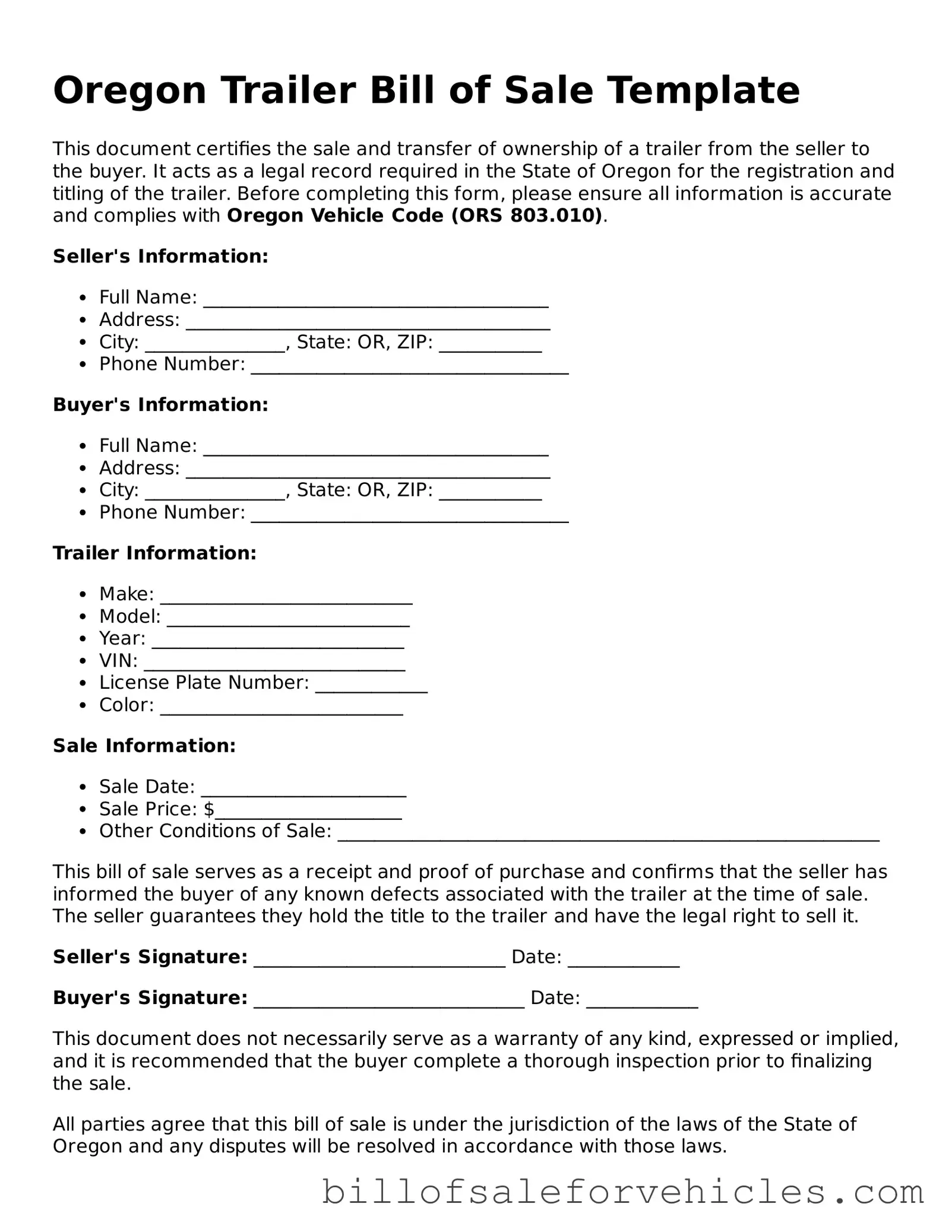 Valid Oregon Trailer Bill of Sale Template