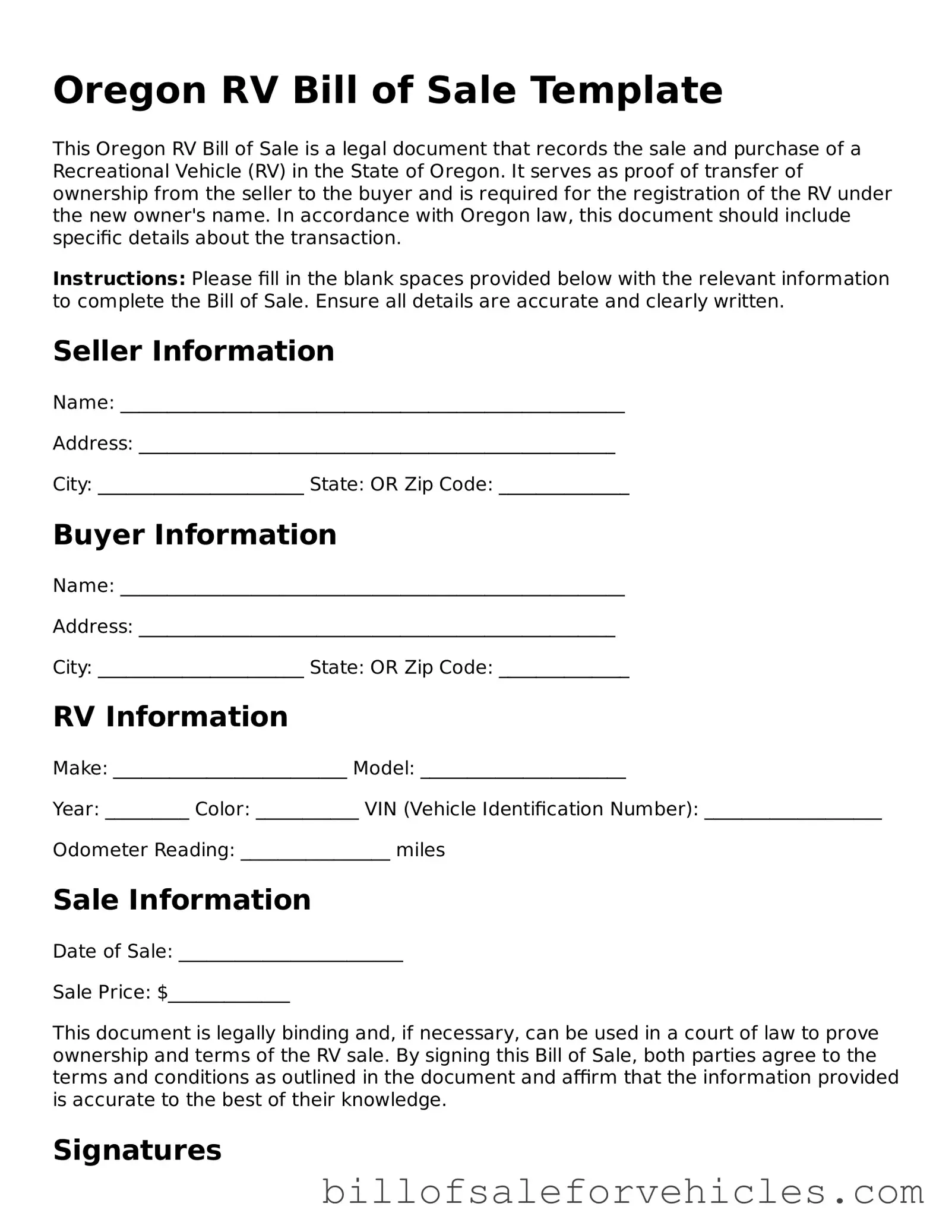 Valid Oregon RV Bill of Sale Template