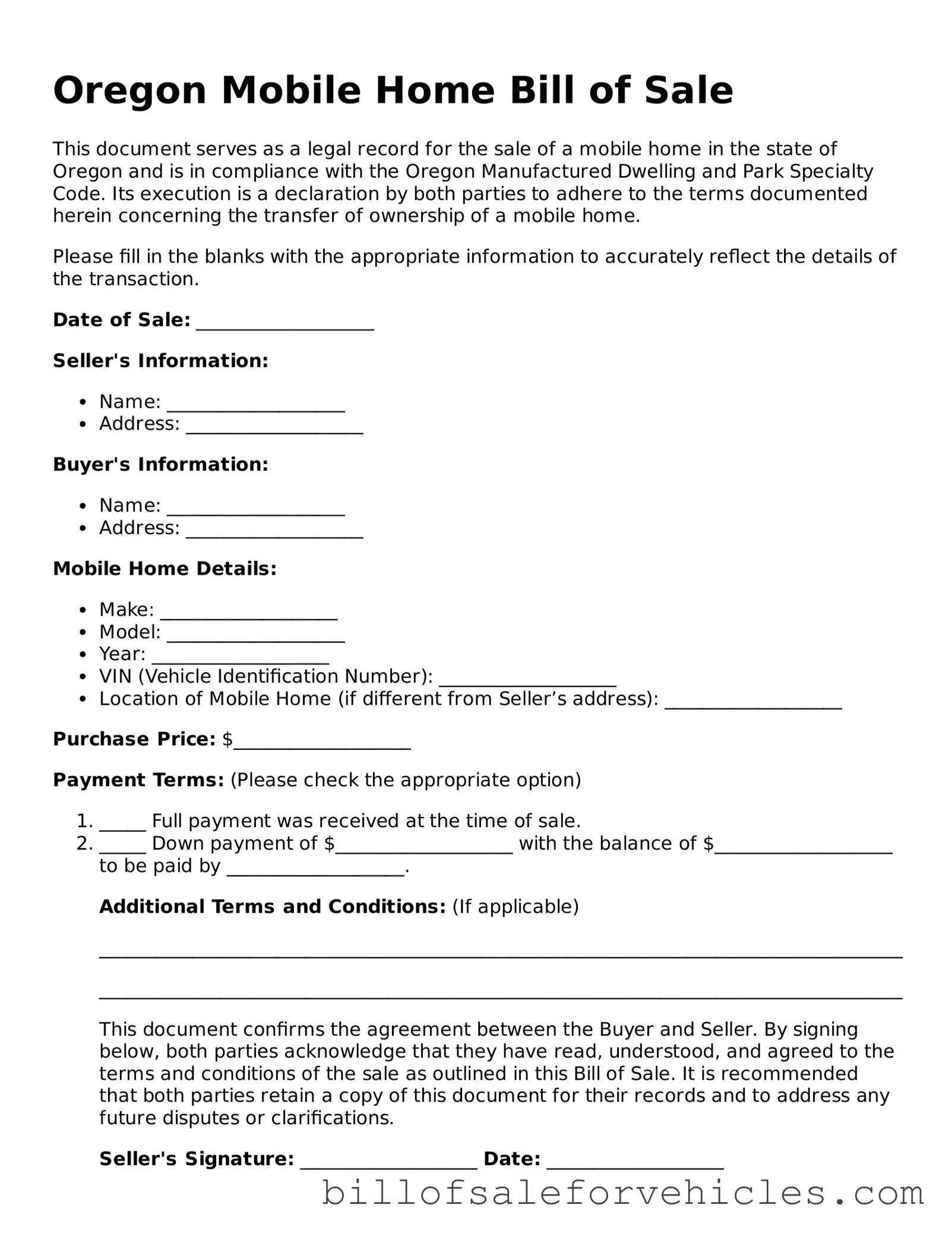 Valid Oregon Mobile Home Bill of Sale Template