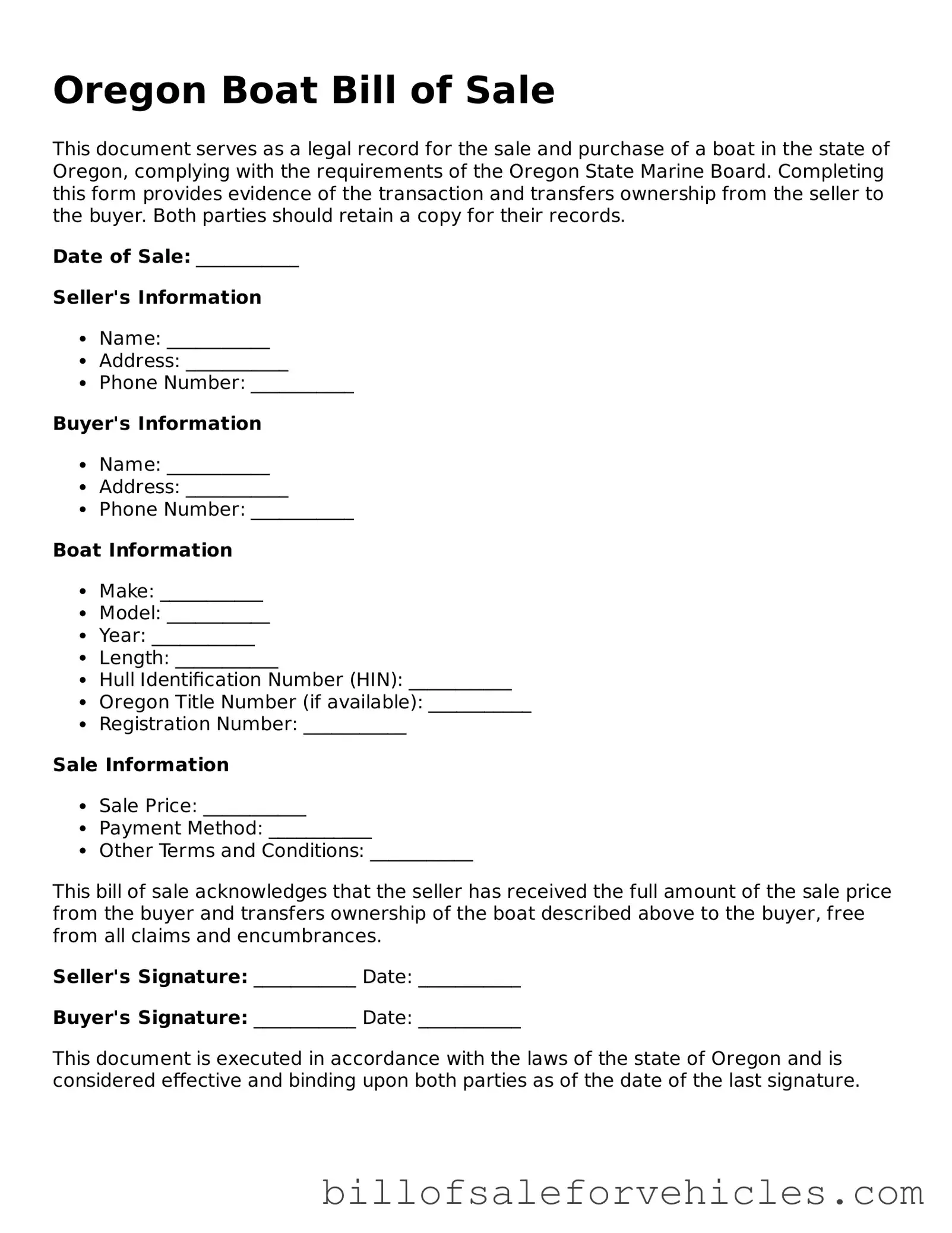Valid Oregon Boat Bill of Sale Template