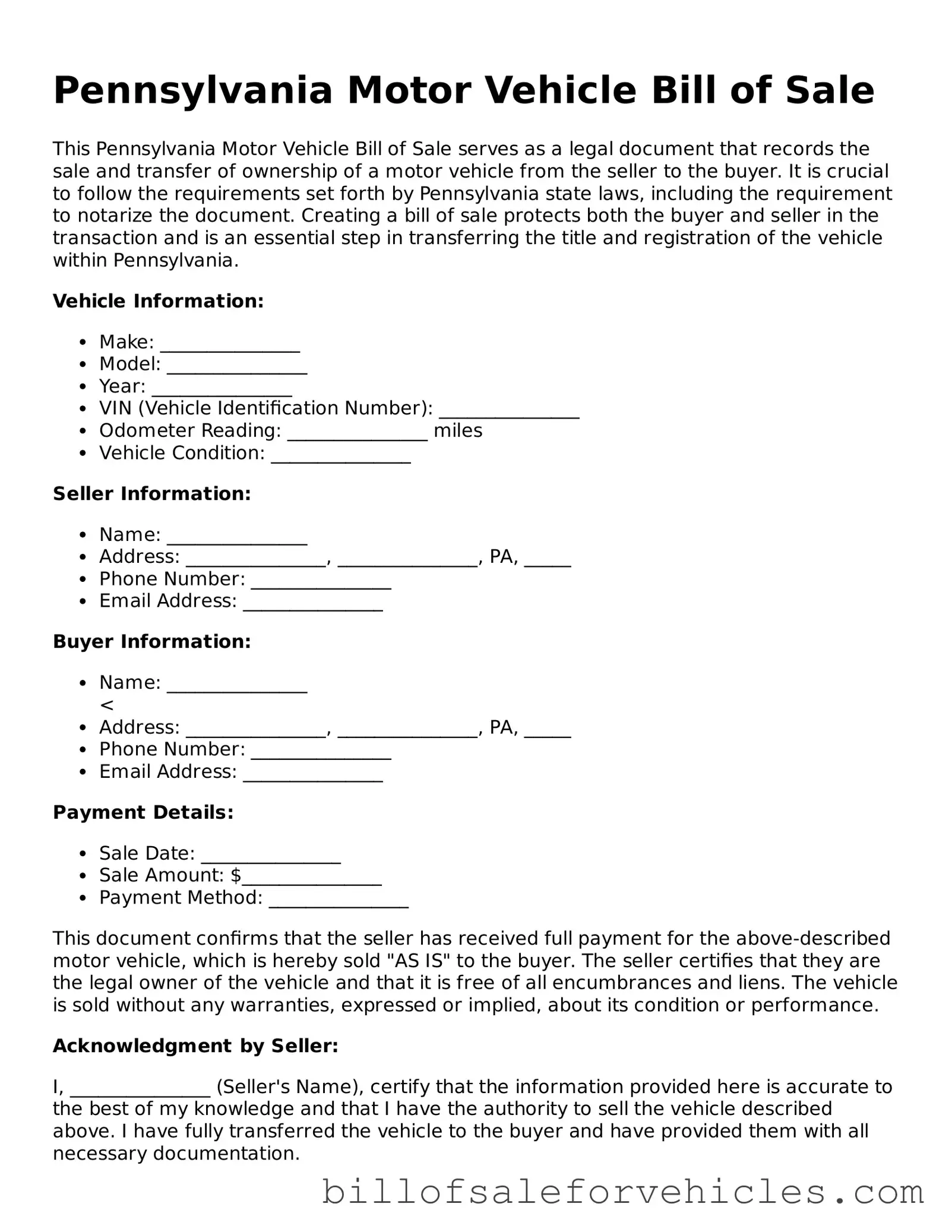 Valid Pennsylvania Motor Vehicle Bill of Sale Template