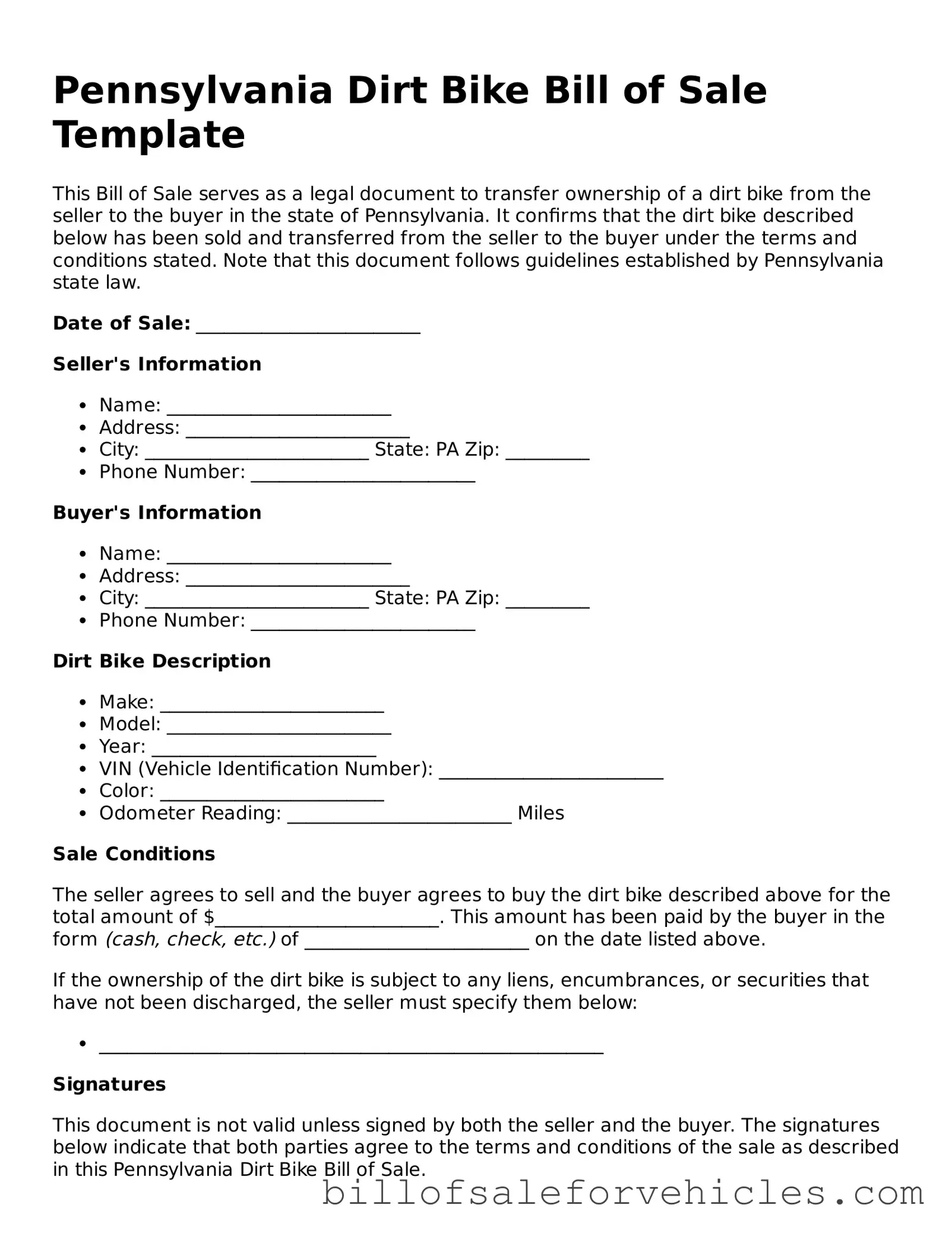 Valid Pennsylvania Dirt Bike Bill of Sale Template