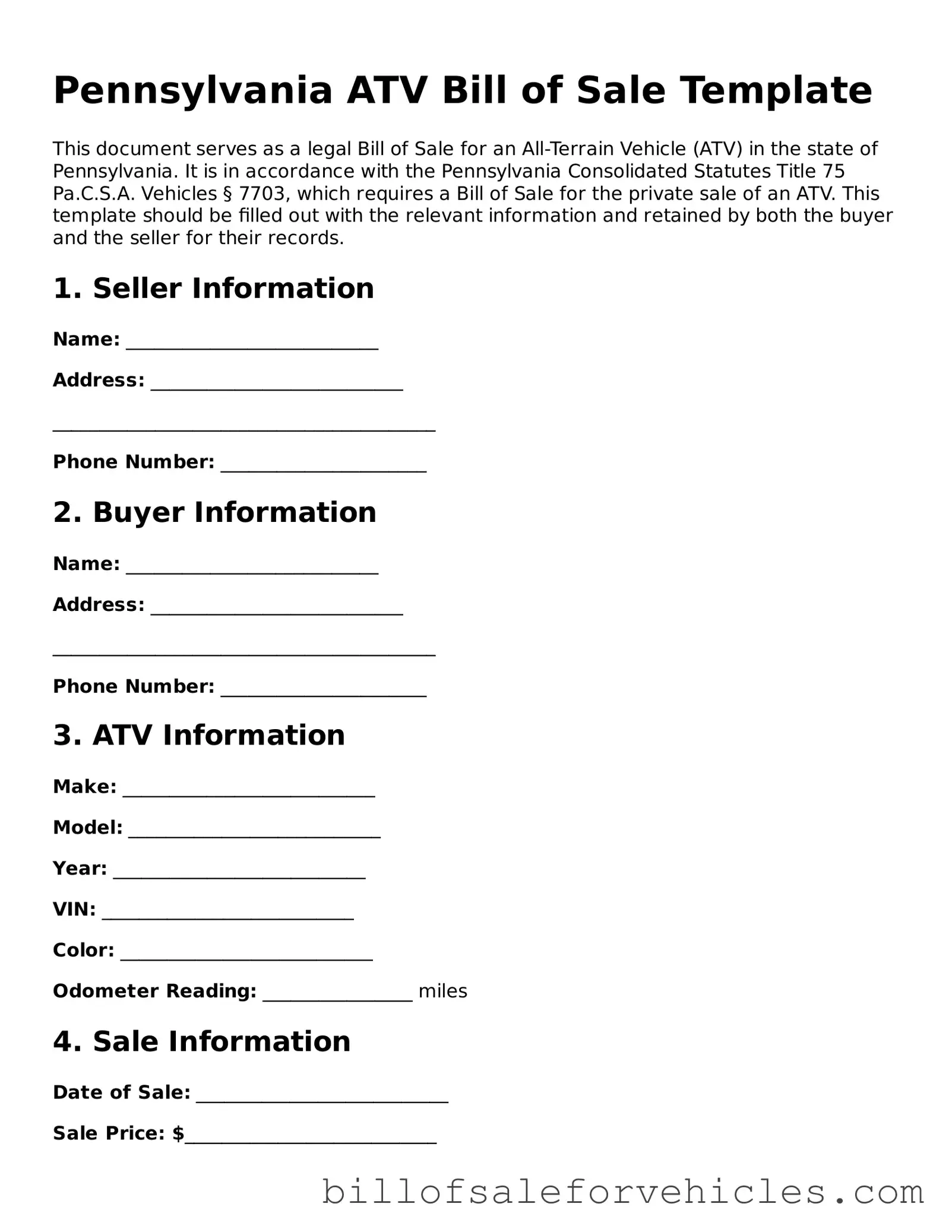 Valid Pennsylvania ATV Bill of Sale Template
