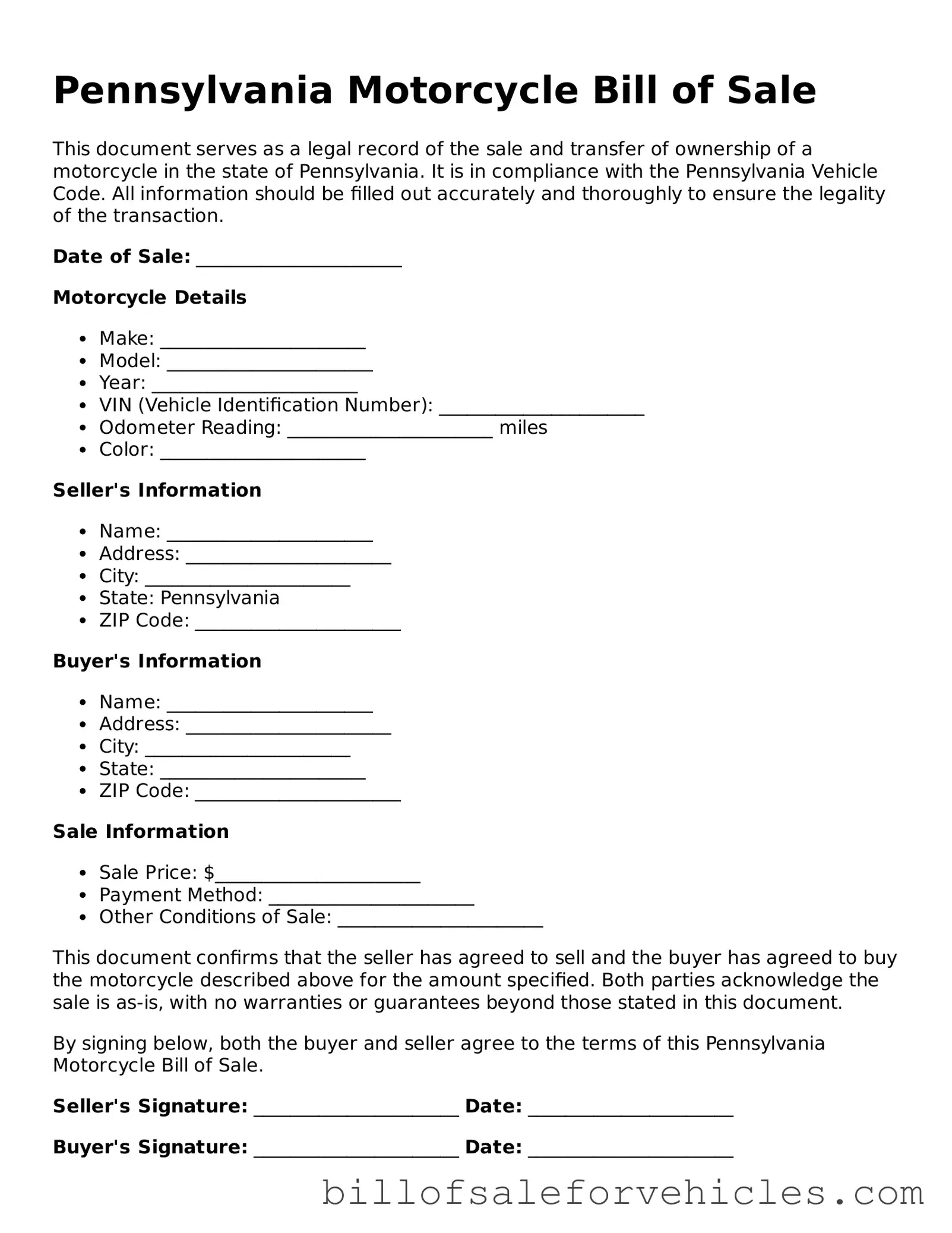 Valid Pennsylvania Motorcycle Bill of Sale Template
